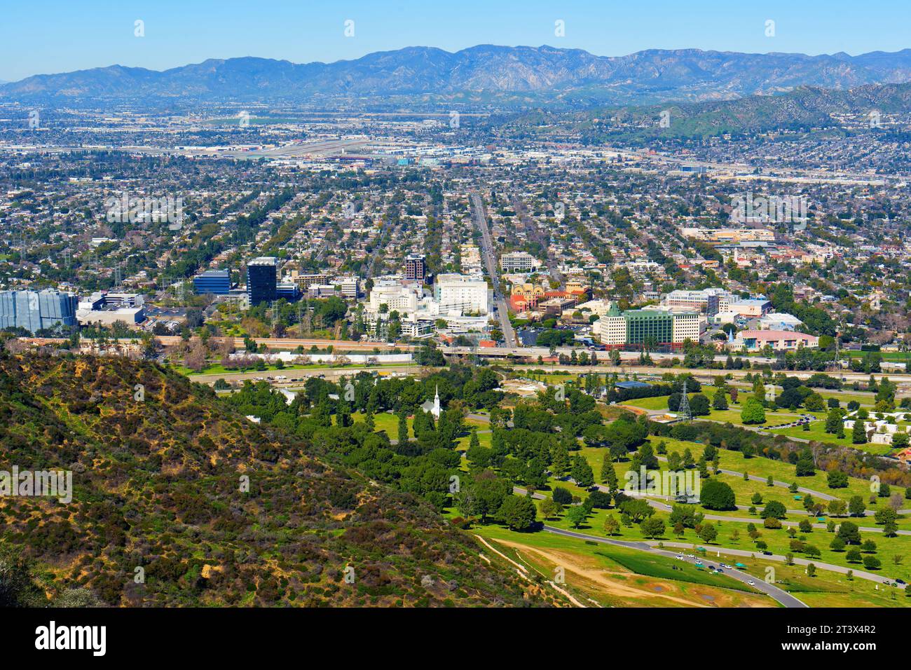 Aerial view of Los Angeles cityscape with a portion of the iconic
