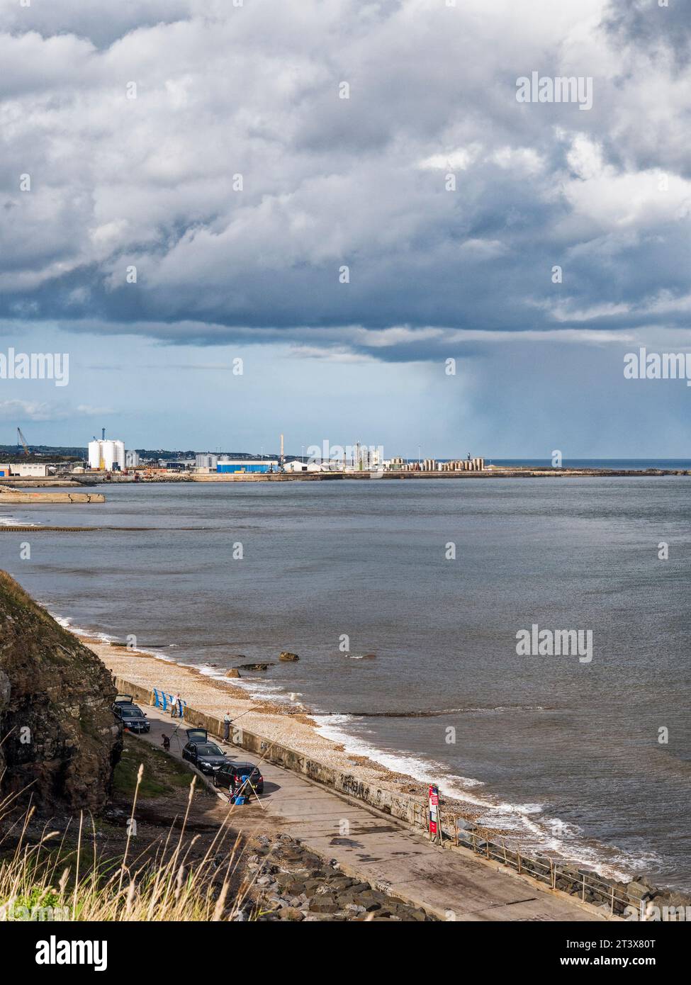 Beaches and cliffs at Sunderland, UK with view to Sunderland docks. Stock Photo
