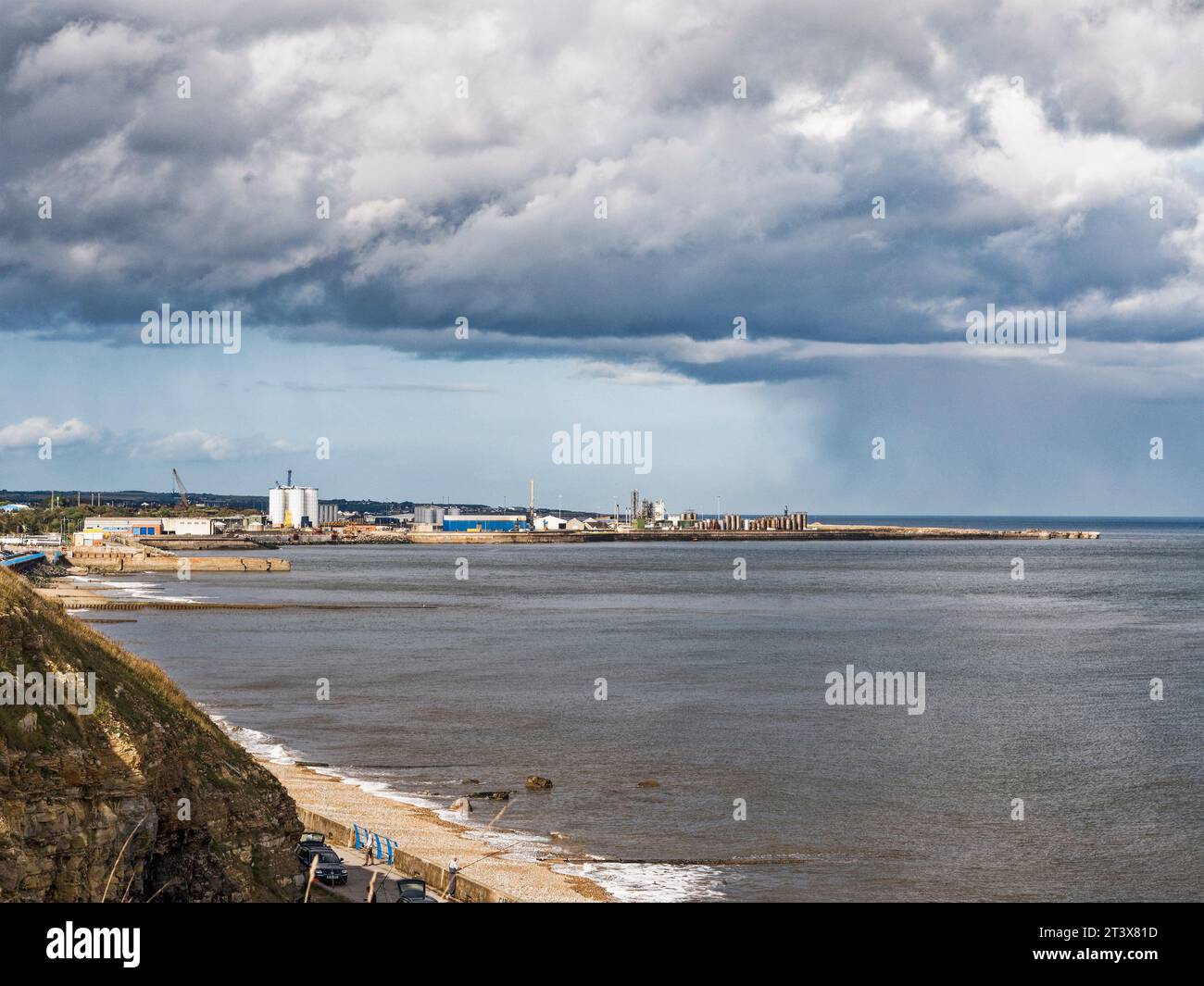 Beaches and cliffs at Sunderland, UK with view to Sunderland docks. Stock Photo