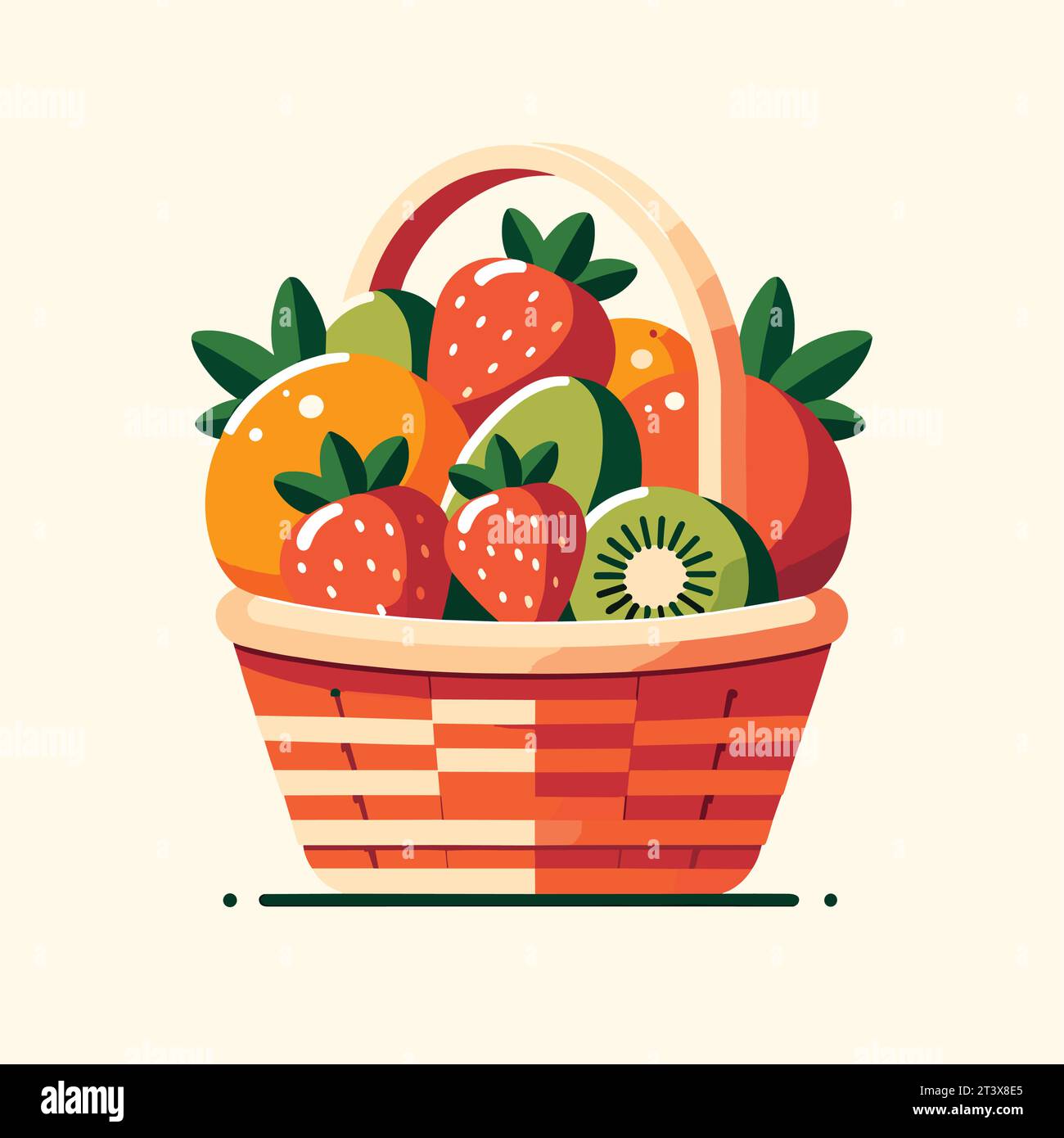 Minimalist flat vector illustration depicting a sizable basket, overflowing with a selection of bright fruits. Oranges with a brilliant orange hue, st Stock Vector