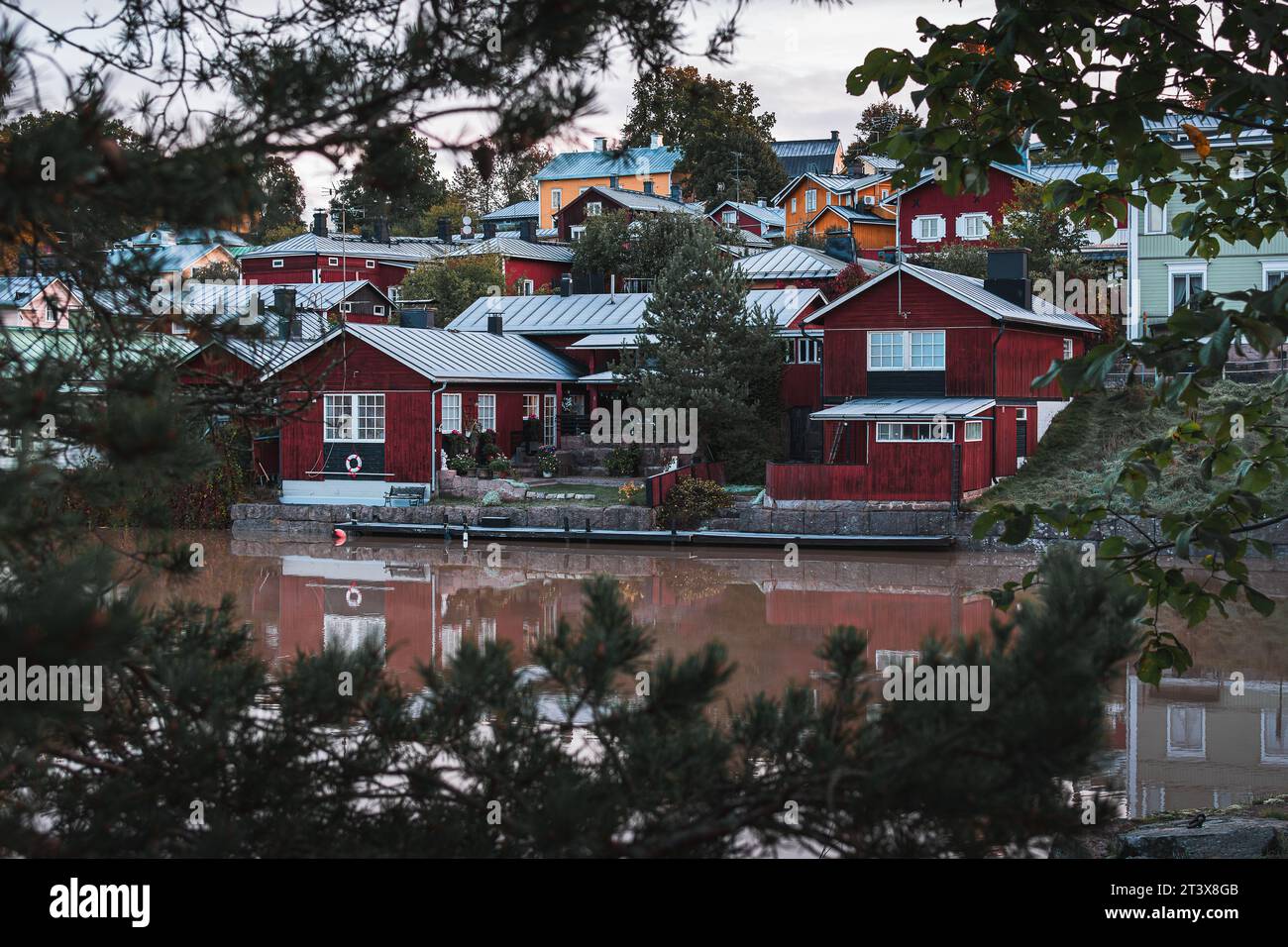 Houses on the shore of the lake in the city of Porvoo, Finland Stock Photo