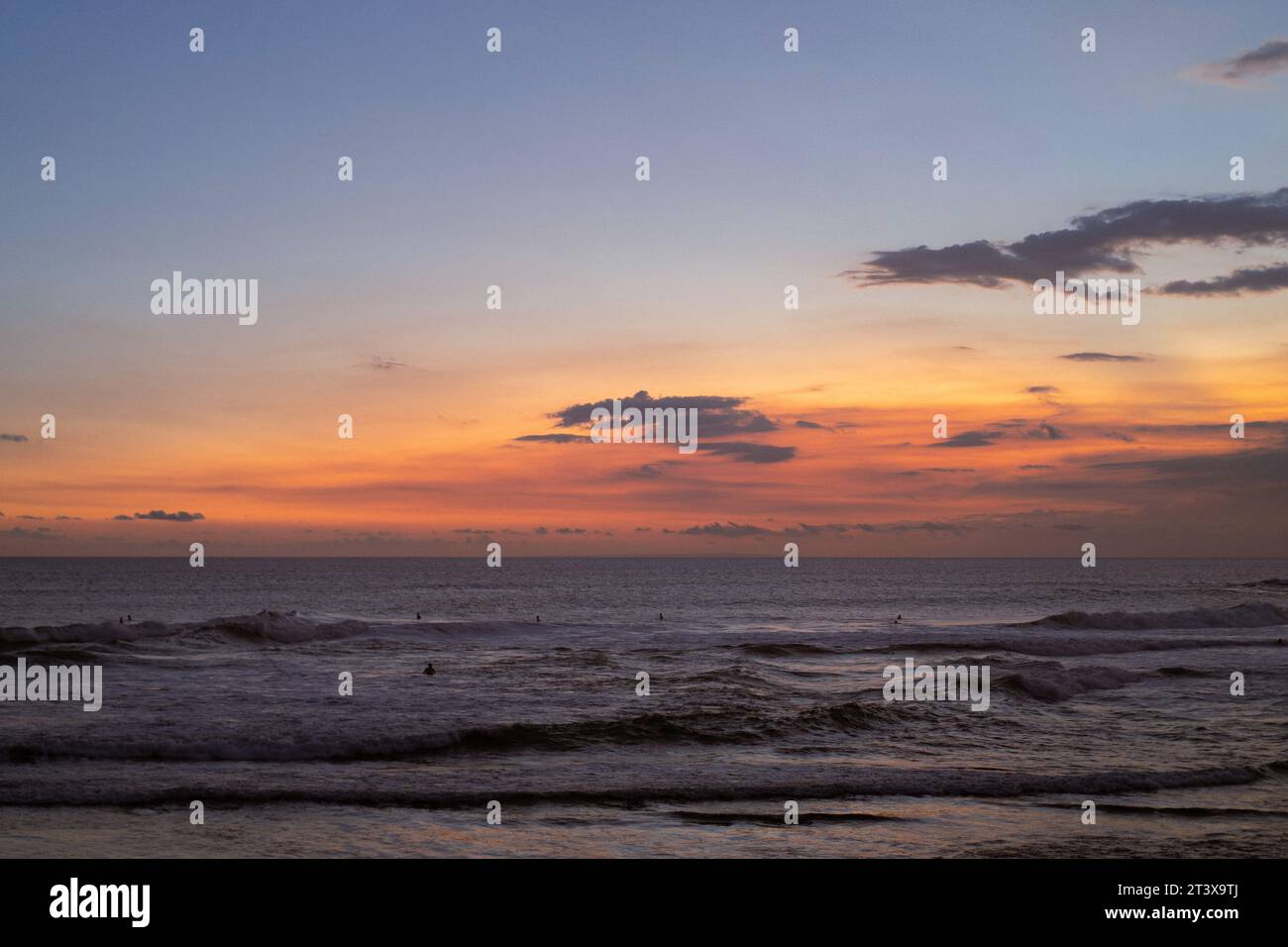 Surfers catching waves at sunset, Bali, Indonesia. Stock Photo