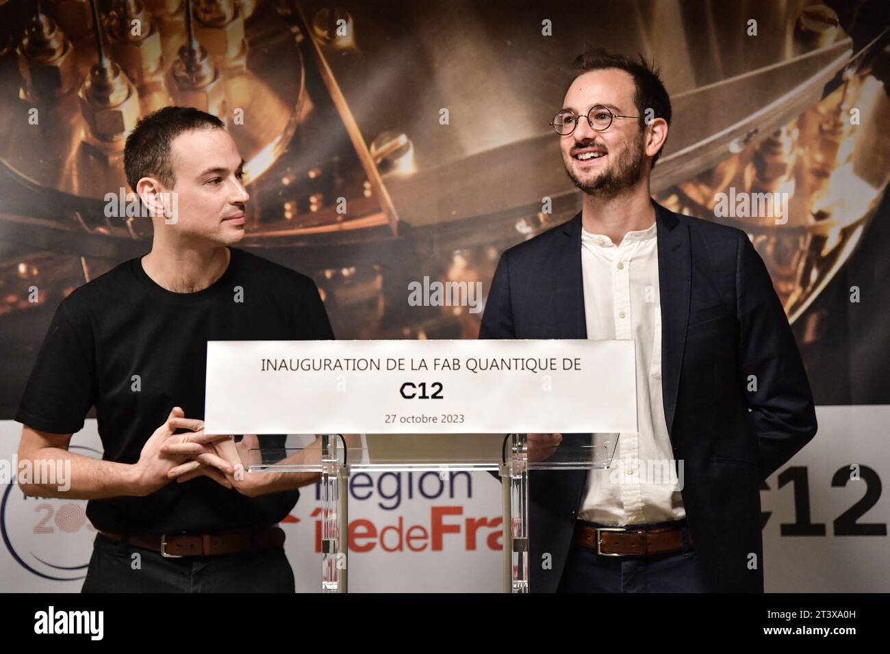 Paris, France. 27th Oct, 2023. Co-founder of C12 Quantum Electronics production line Matthieu Desjardins (L) stands beside Co-founder of C12 Quantum Electronics production line Pierre Desjardins (R) during President of the Ile-de-France Region Valerie Pecresse and French Junior minister for Digital Transition and Telecommunications Jean-Noel Barrot's visit for the inauguration of the new C12 Quantum Electronics production line in Paris, France, on October 27, 2023. Photo by Firas Abdullah/ABACAPRESS.COM Credit: Abaca Press/Alamy Live News Stock Photo