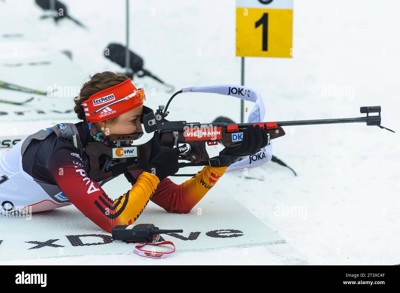 Luise Kummer Aktion Biathlon Welt Cup 4 x 6 KM Staffel der Frauen in Oberhof, Deutschland am 07.01.2015 Stock Photo