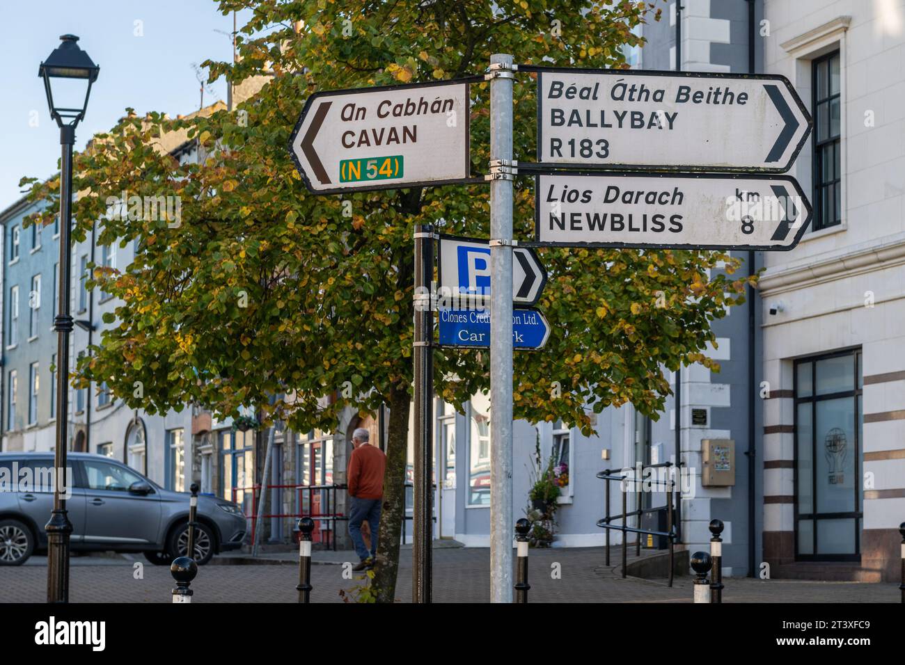Cavan, Ballybay and Newbliss signpost in Clones, Co. Monaghan, Ireland. Stock Photo