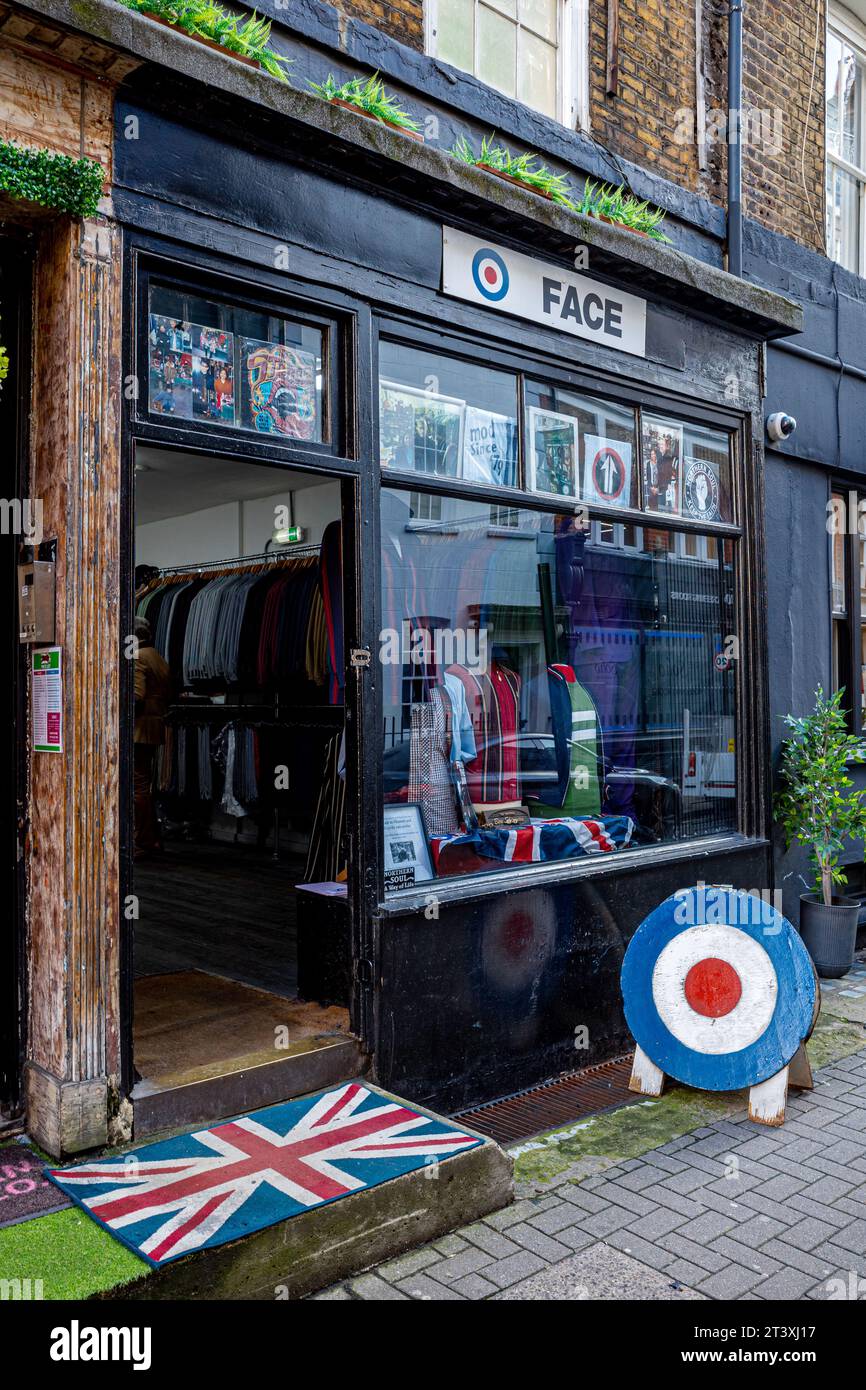 The Face Mod fashion store at 25 D'Arblay Street, London, UK. Face is a mod fashion store and brand trading in the Carnaby St area for over 40 years. Stock Photo