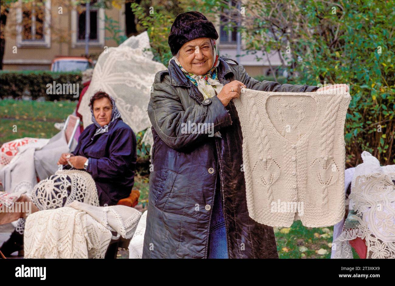 Bulgaria, Sofia. Woman selling home made knitwear. Stock Photo