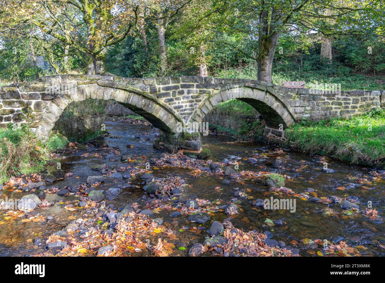 The famous pack-horse bridge is a two-arched structure spanning Wycoller beck. It is sometimes called Sally’s Bridge after one of the Cunliffe family Stock Photo