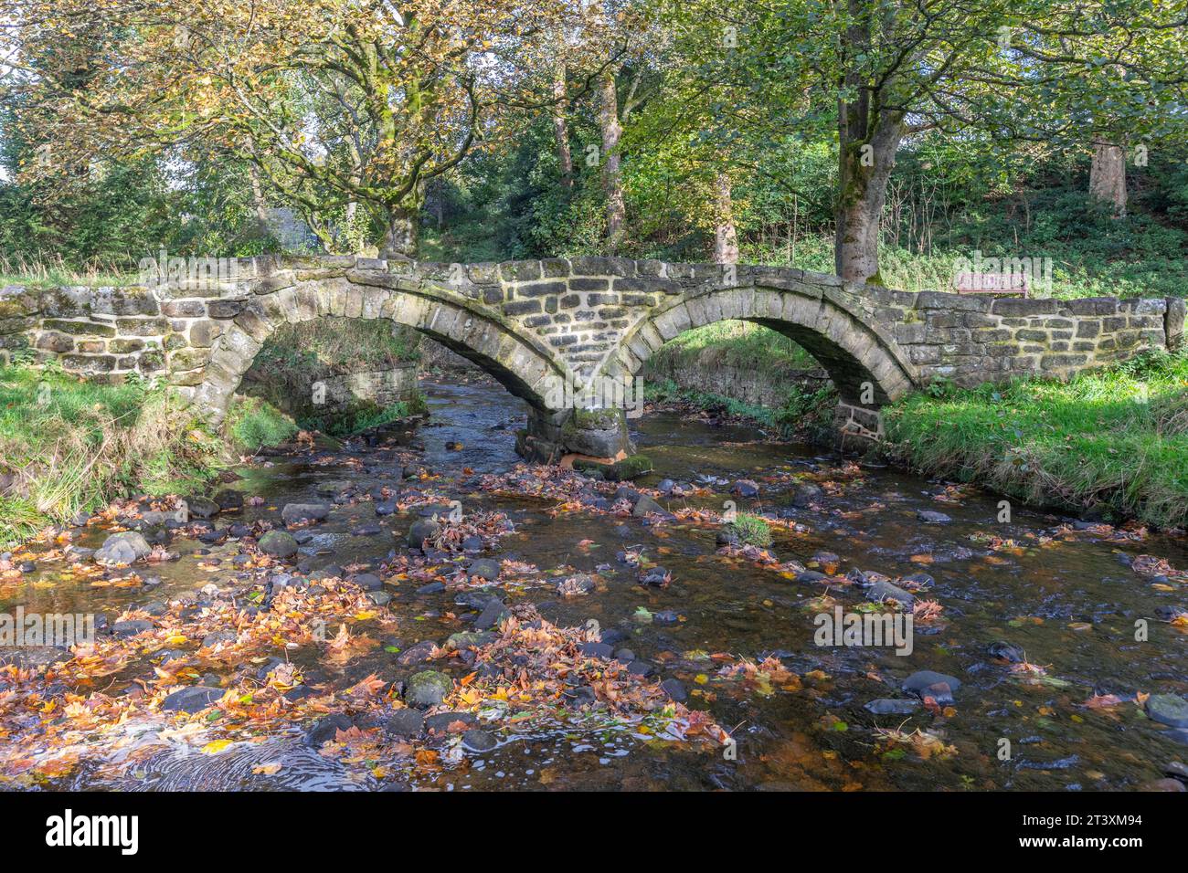 The famous pack-horse bridge is a two-arched structure spanning Wycoller beck. It is sometimes called Sally’s Bridge after one of the Cunliffe family Stock Photo