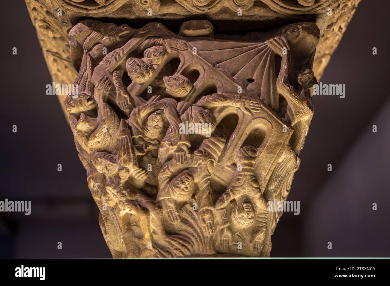 Romanesque capital with scene from the life of Job, 12th century, workshop of the master of the cloister of Pamplona cathedral, Museum of Navarra, Pamplona, Navarra,Spain. Stock Photo