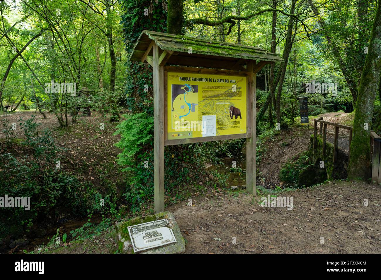 explanatory panels, Paleolithic Park of the Cueva del Valle, Rasines, Cantabria, Spain. Stock Photo