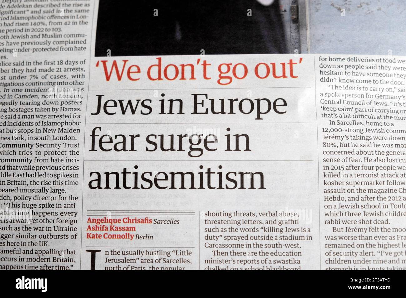 'We don't go out' 'Jews in Europe fear surge in antisemitism' Guardian newspaper headline Israel Hamas war article 21 October 2023 London UK Britain Stock Photo