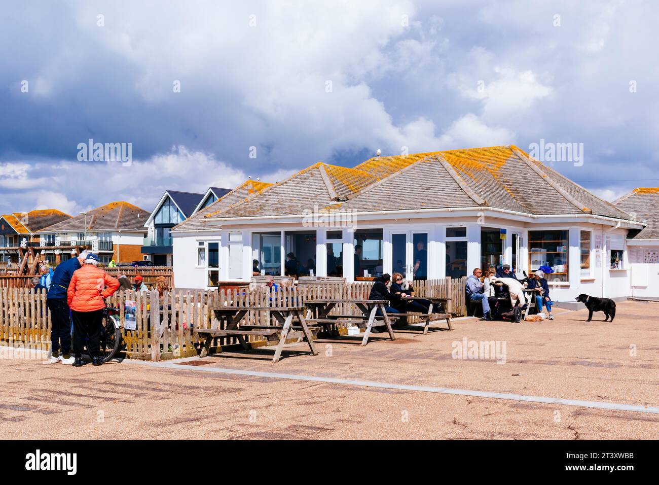 Sunny terrace of a cafe. Milford on Sea, New Forest, Hampshire, England