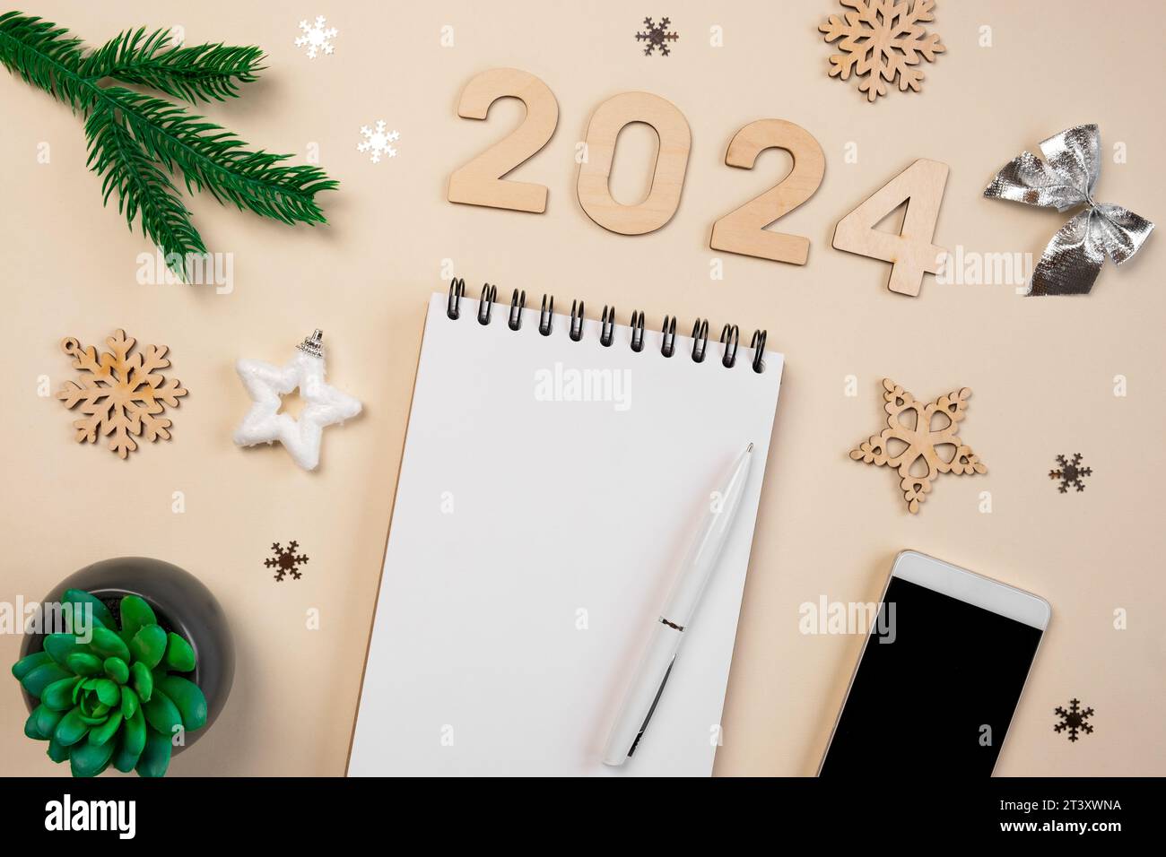 New Year Aims 2024. To Do List. Empty Notebook at the Desk with Holiday