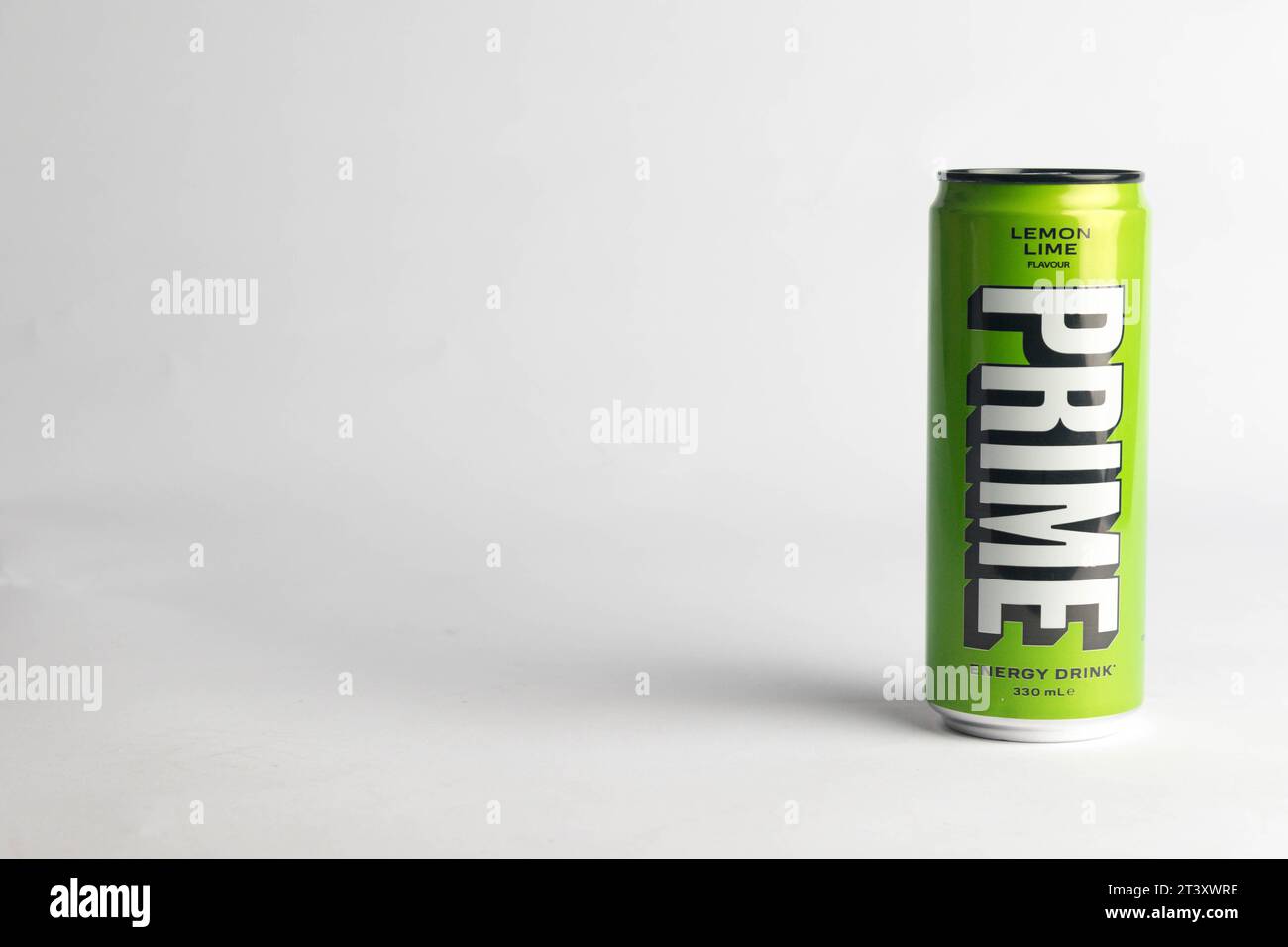 London, United Kingdom, 18th October 2023:- A Can of Lemon Lime Prime Energy drink, promoted by Youtubers Logan Paul and KSI Stock Photo