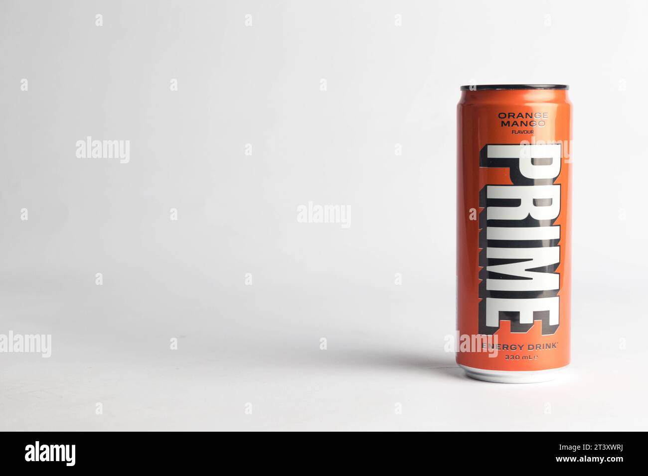 London, United Kingdom, 18th October 2023:- A Can of Orange and Mango Prime Energy drink, promoted by Youtubers Logan Paul and KSI Stock Photo