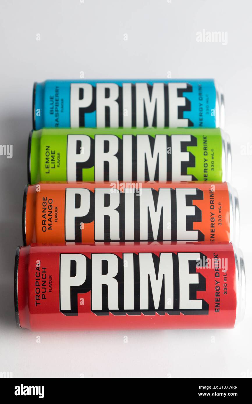 London, United Kingdom, 18th October 2023 Four Cans of Prime Energy drink, promoted by