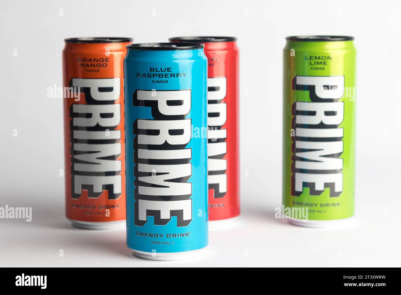London, United Kingdom, 18th October 2023:- Four Cans of Prime Energy drink, promoted by Youtubers Logan Paul and KSI Stock Photo