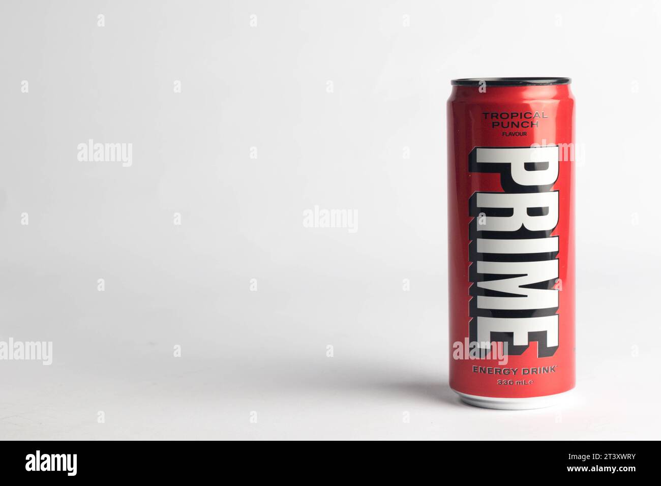 London, United Kingdom, 18th October 2023:- A Can of Tropical Punch Prime Energy drink, promoted by Youtubers Logan Paul and KSI Stock Photo