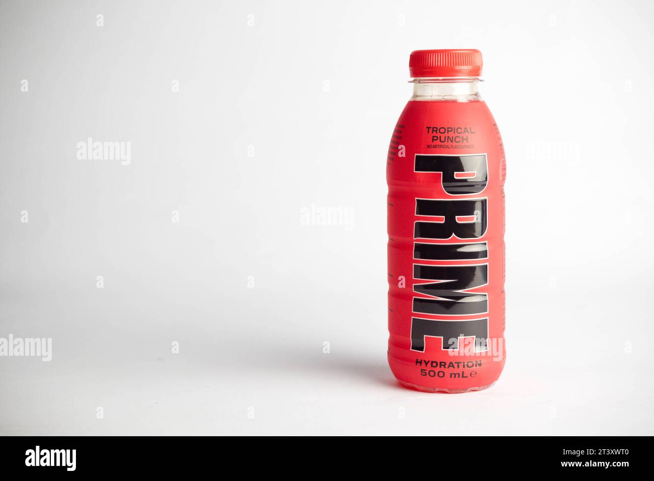 London, United Kingdom, 18th October 2023:- A bottle of Tropical Punch Prime Hydration drink, promoted by Youtubers Logan Paul and KSI Stock Photo
