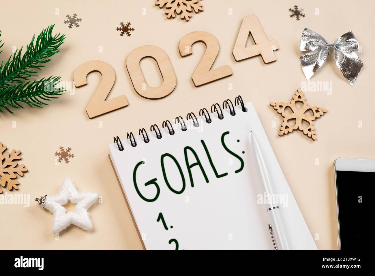 New Year Aims 2024. To Do List. Empty Notebook at the Desk with Holiday