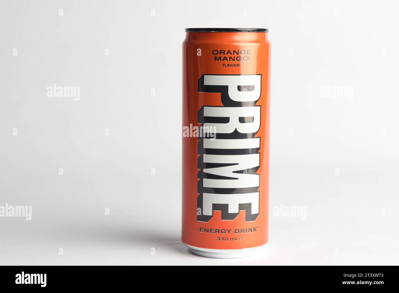 London, United Kingdom, 18th October 2023:- A Can of Orange and Mango Prime Energy drink, promoted by Youtubers Logan Paul and KSI Stock Photo