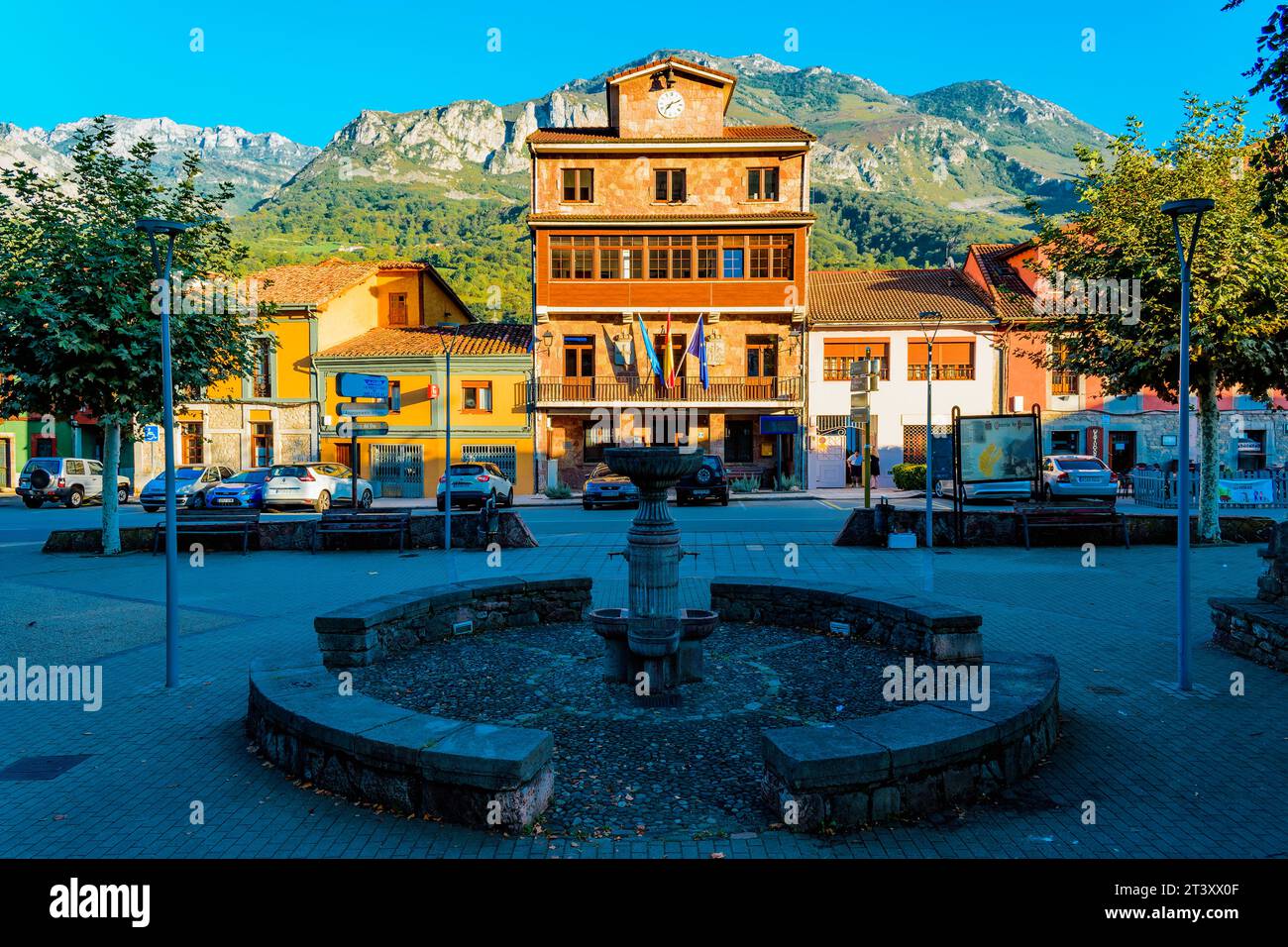 Proaza square and Town Hall at sunset. Proaza, Principality of Asturias
