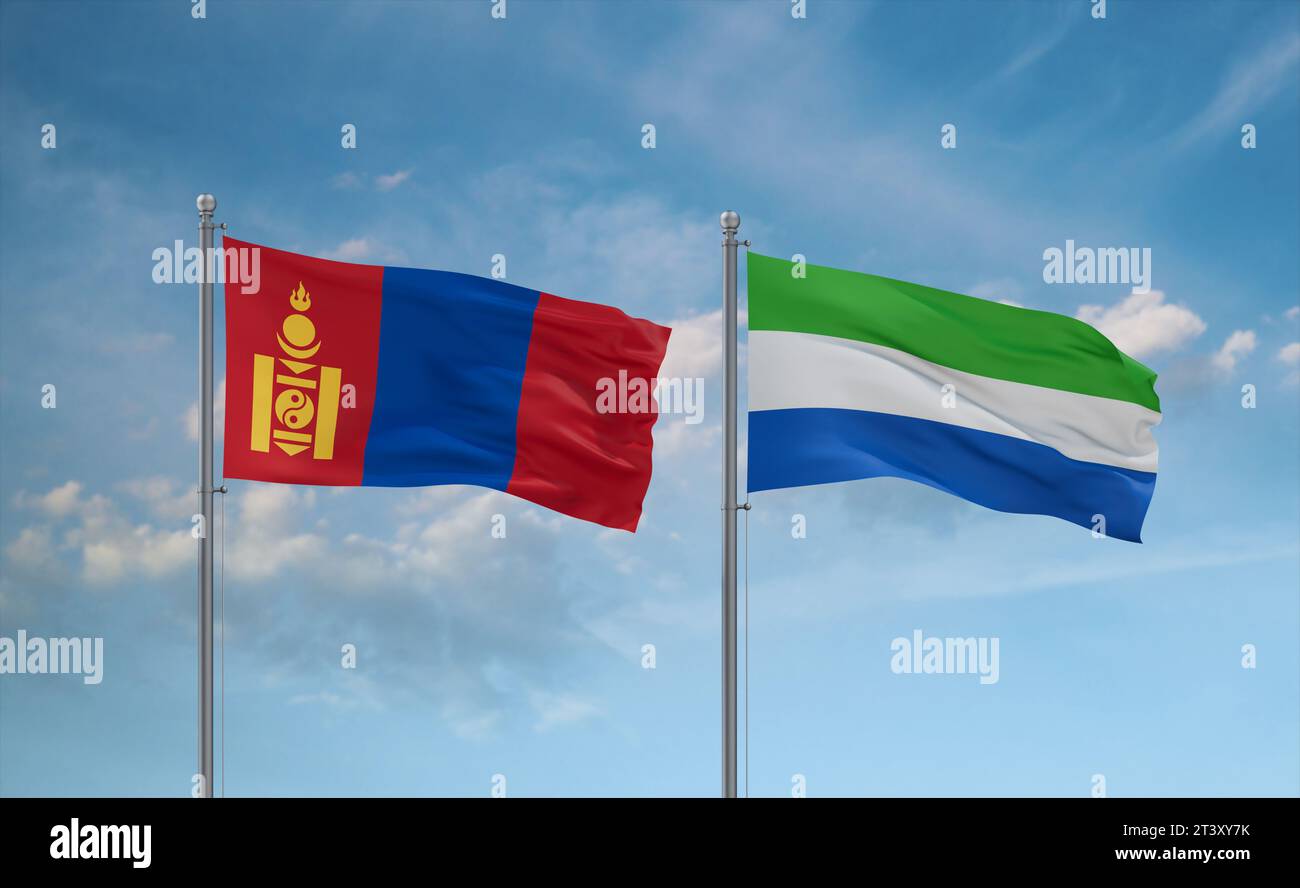 Sierra Leone or Salone and Mongolia flags waving together in the wind on blue cloudy sky, two country relationship concept Stock Photo