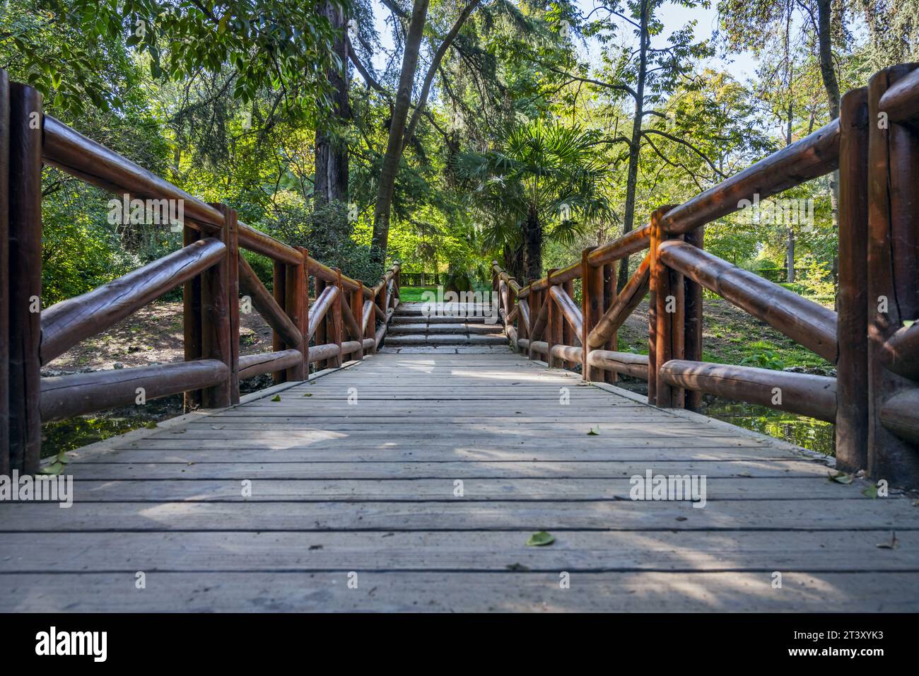 A rustic wooden bridge with log railings over a small stream in a heavily vegetated area within an urban park Stock Photo
