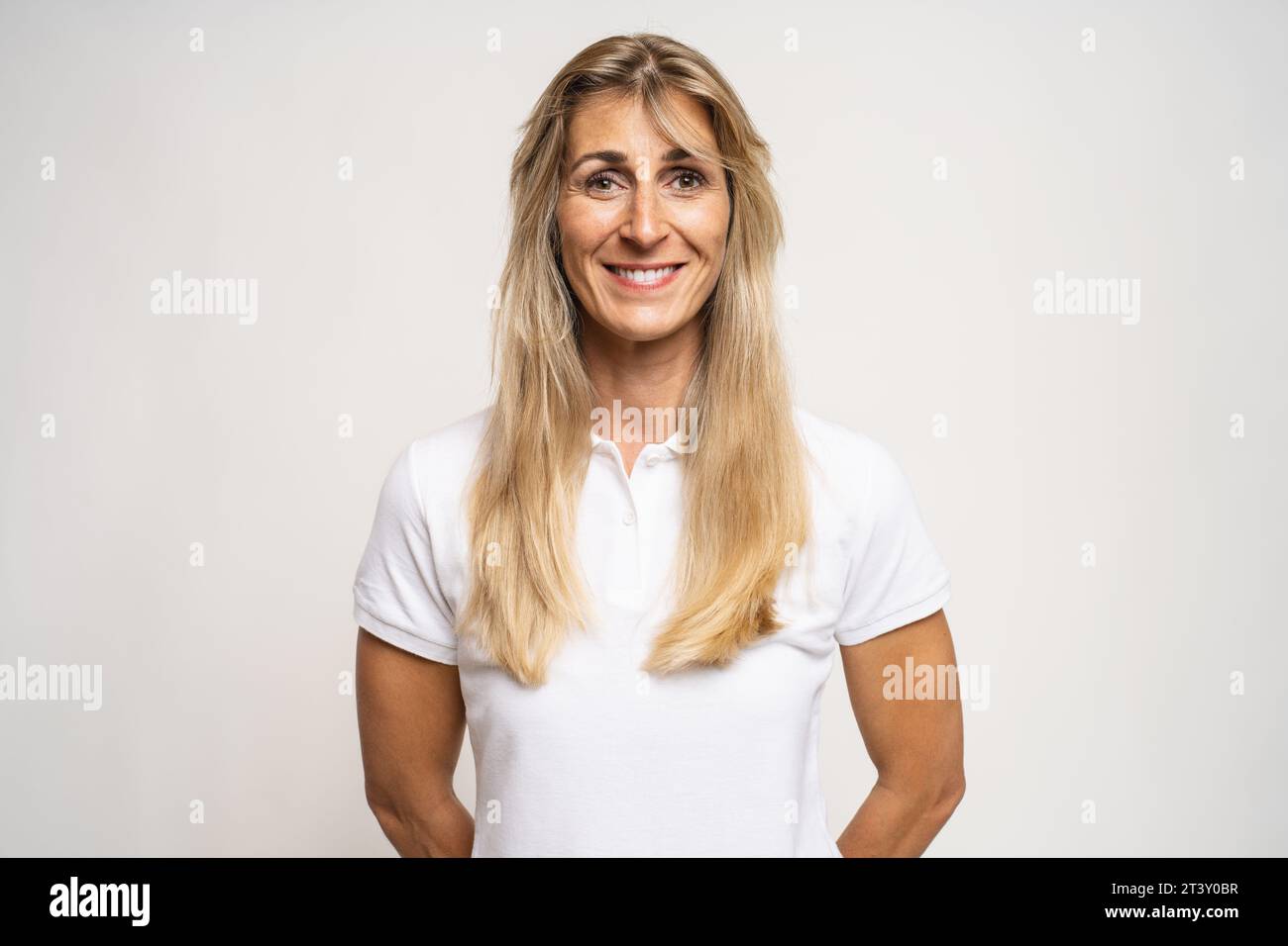 Portrait of a Graceful happy smiling woman on white backgroud Stock Photo