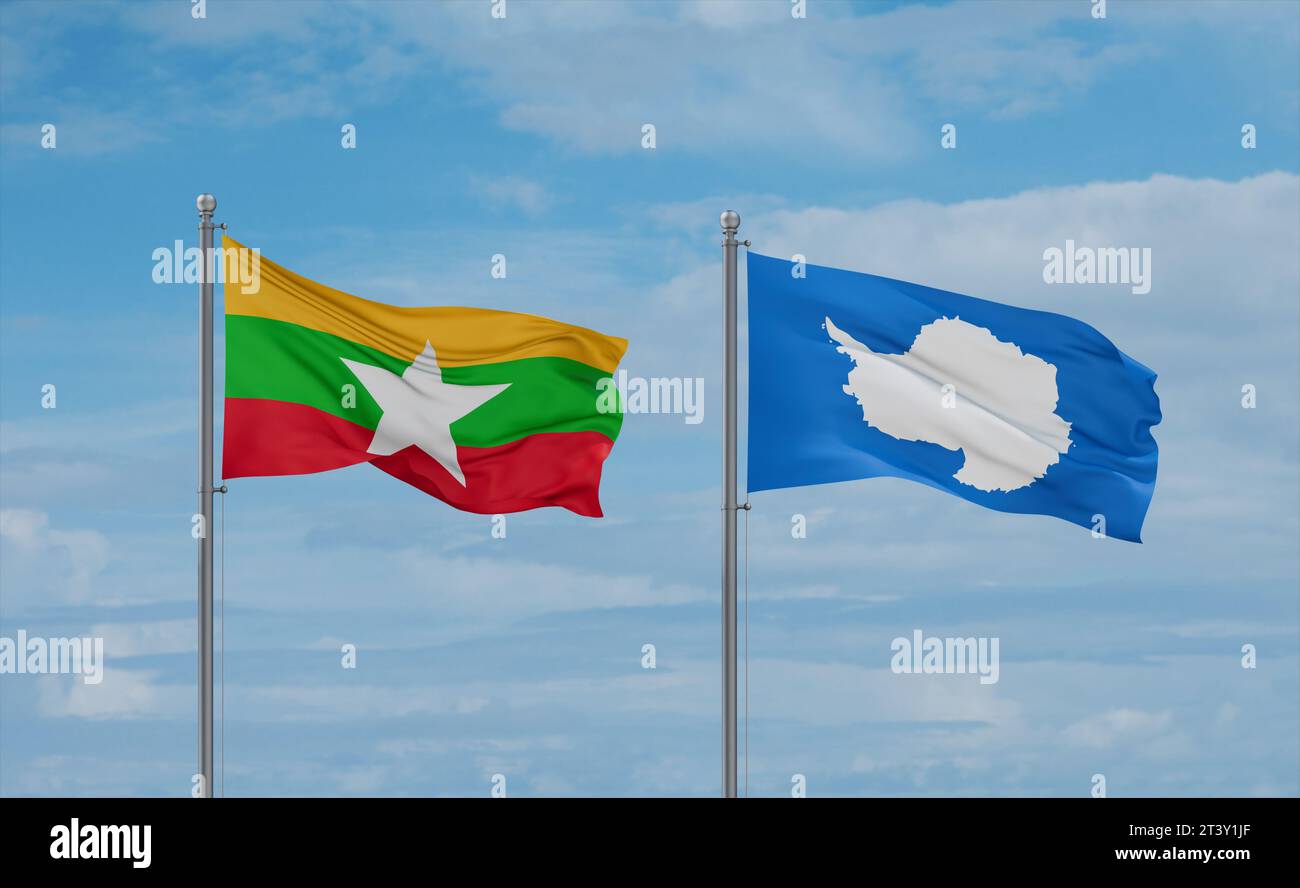 Myanmar and Antarctica flags waving together in the wind on blue cloudy ...