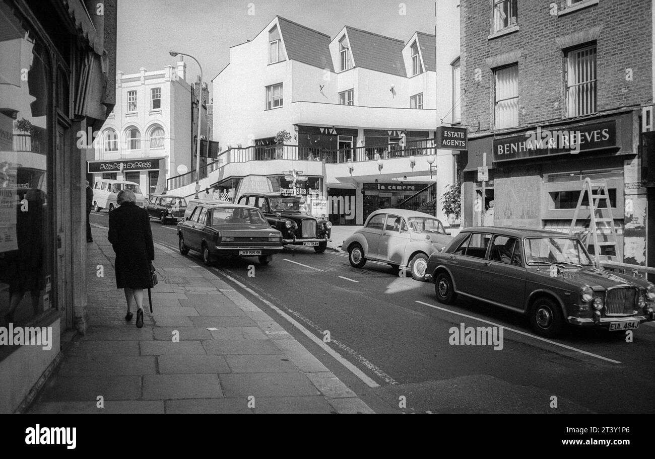 1975 archive black & white photograph of Heath Street in Hampstead Village in North London. View is to the north. Stock Photo