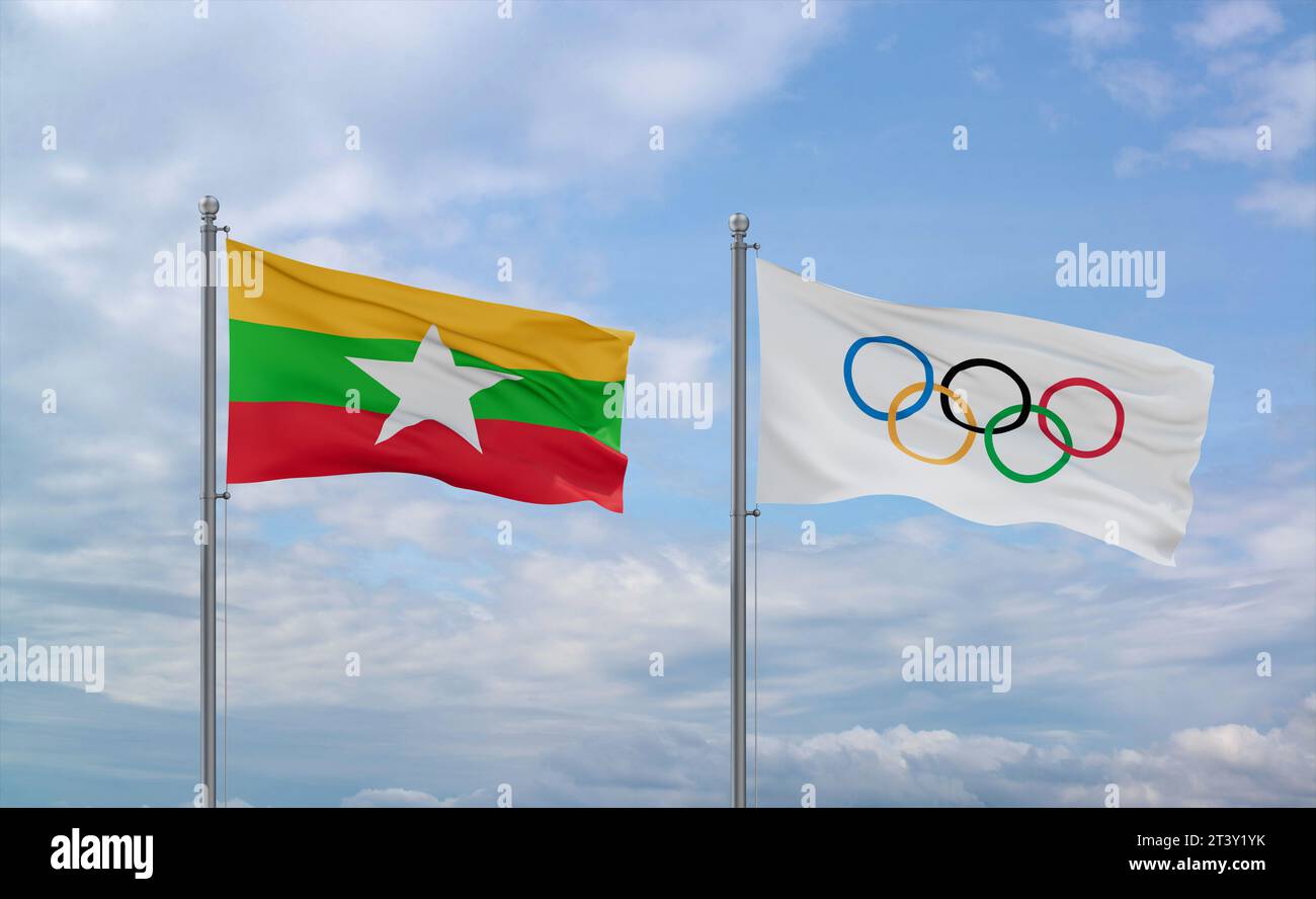 Olympic Games and Myanmar flags waving together in the wind on blue ...