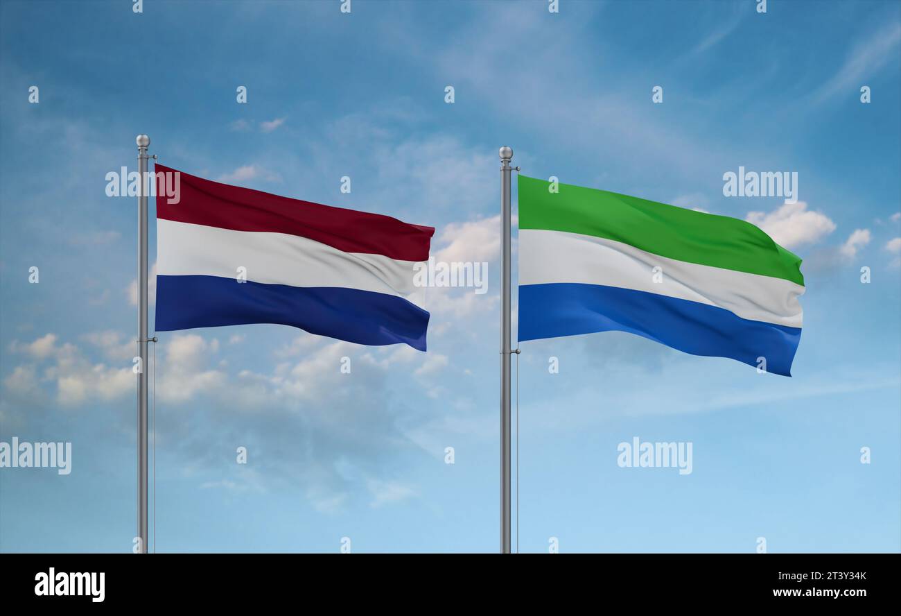 Sierra Leone or Salone and Netherlands flags waving together in the wind on blue cloudy sky, two country relationship concept Stock Photo