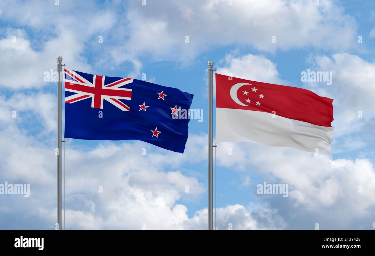 Republic of Singapore and New Zealand flags waving together in the wind ...