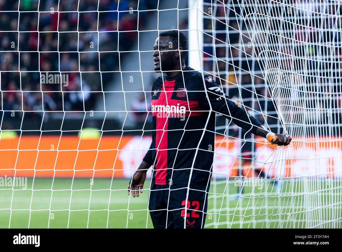 Leverkusen, Bayarena, 26.10.23: Victor Biniface of Leverkusen reacts during the Europa League match Bayer 04 Leverkusen vs. Qarabag Agdam. Stock Photo