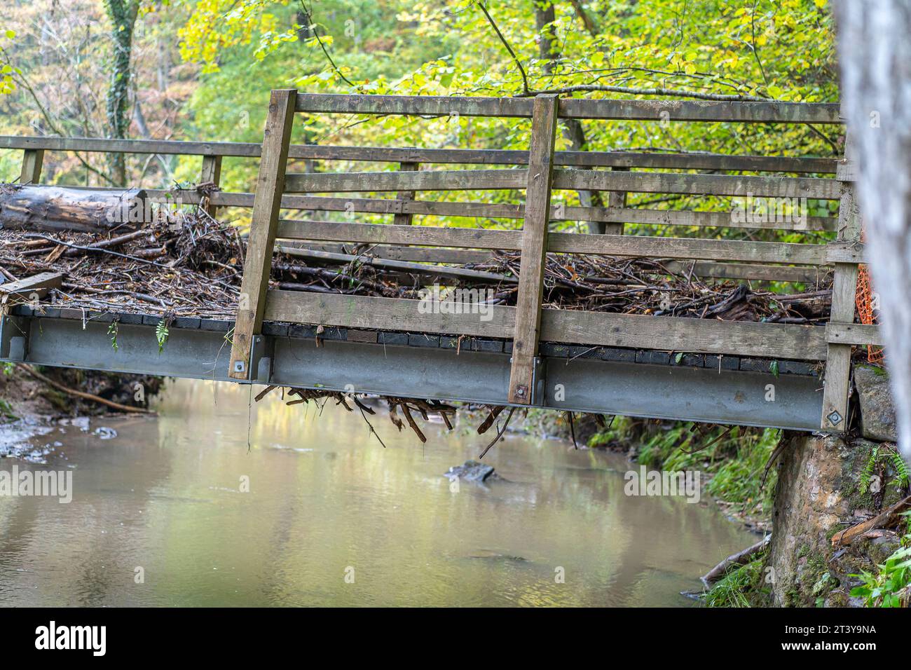Bewdley, UK. 27th October, 2023. damage to footbridges over water after torrents of water flash flood through Bewdley beauty spots. Trees, branches and debris cover a footbrige after major storm. Credit: Lee Hudson . Credit: Lee Hudson Stock Photo