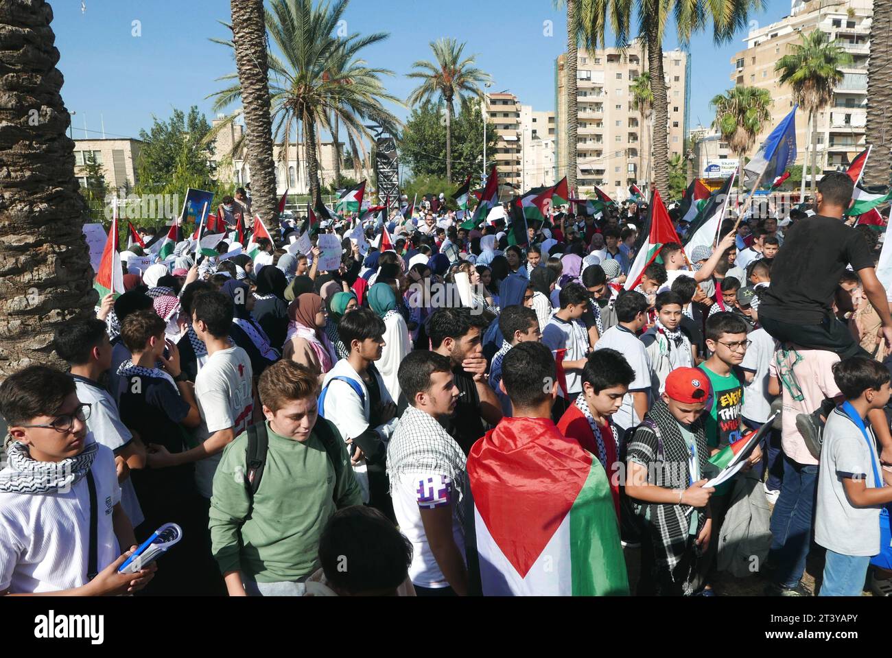 Saida, Lebanon. 26th Oct, 2023. Muslim students rally in support of Palestine in Saida, Lebanon, October 26 2023. (Photo by Elisa Gestri/Sipa USA) Credit: Sipa USA/Alamy Live News Stock Photo