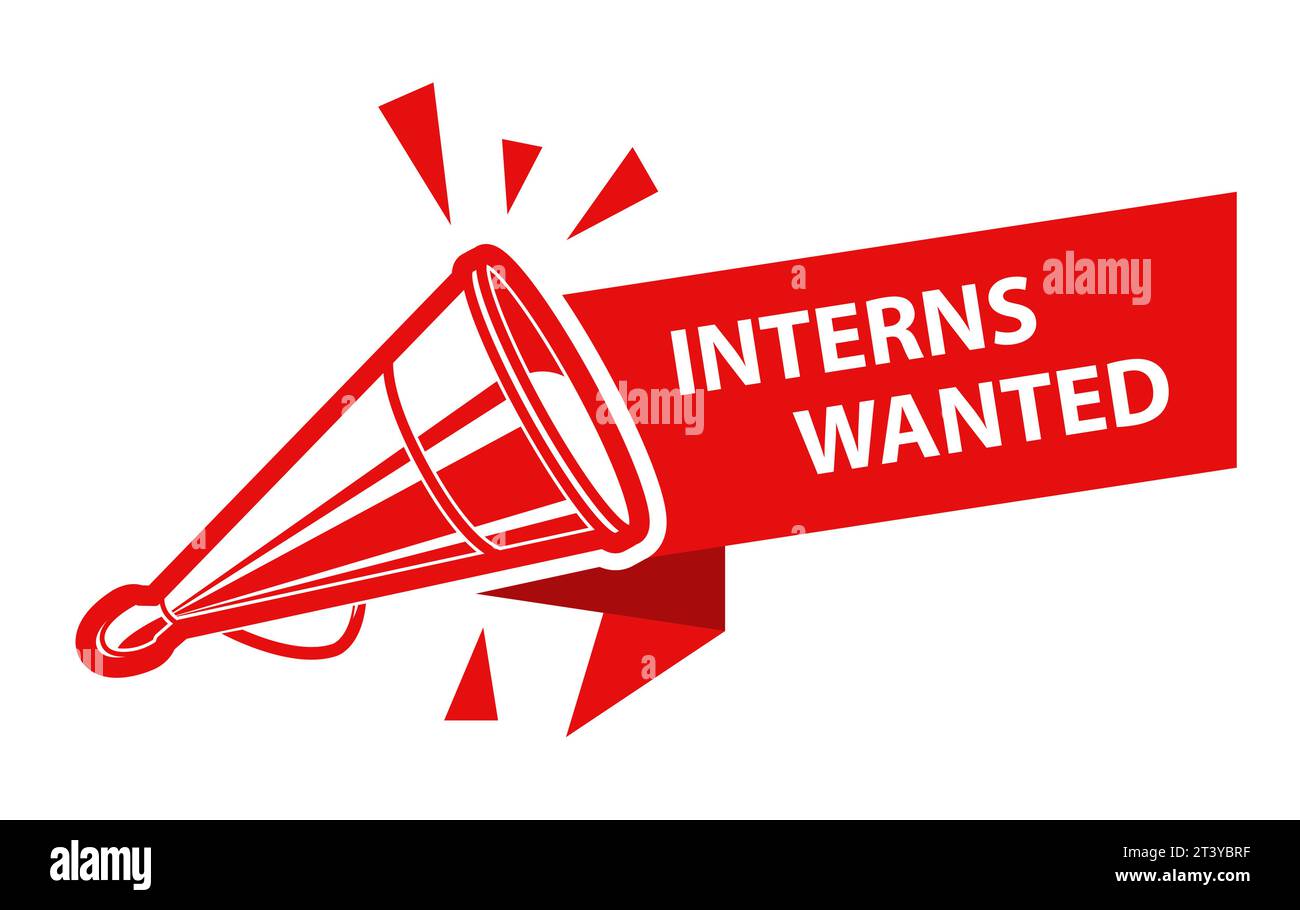 Interns wanted sign, banner with old tin megaphone or loudspeaker, vacancy announcement icon, vector Stock Vector