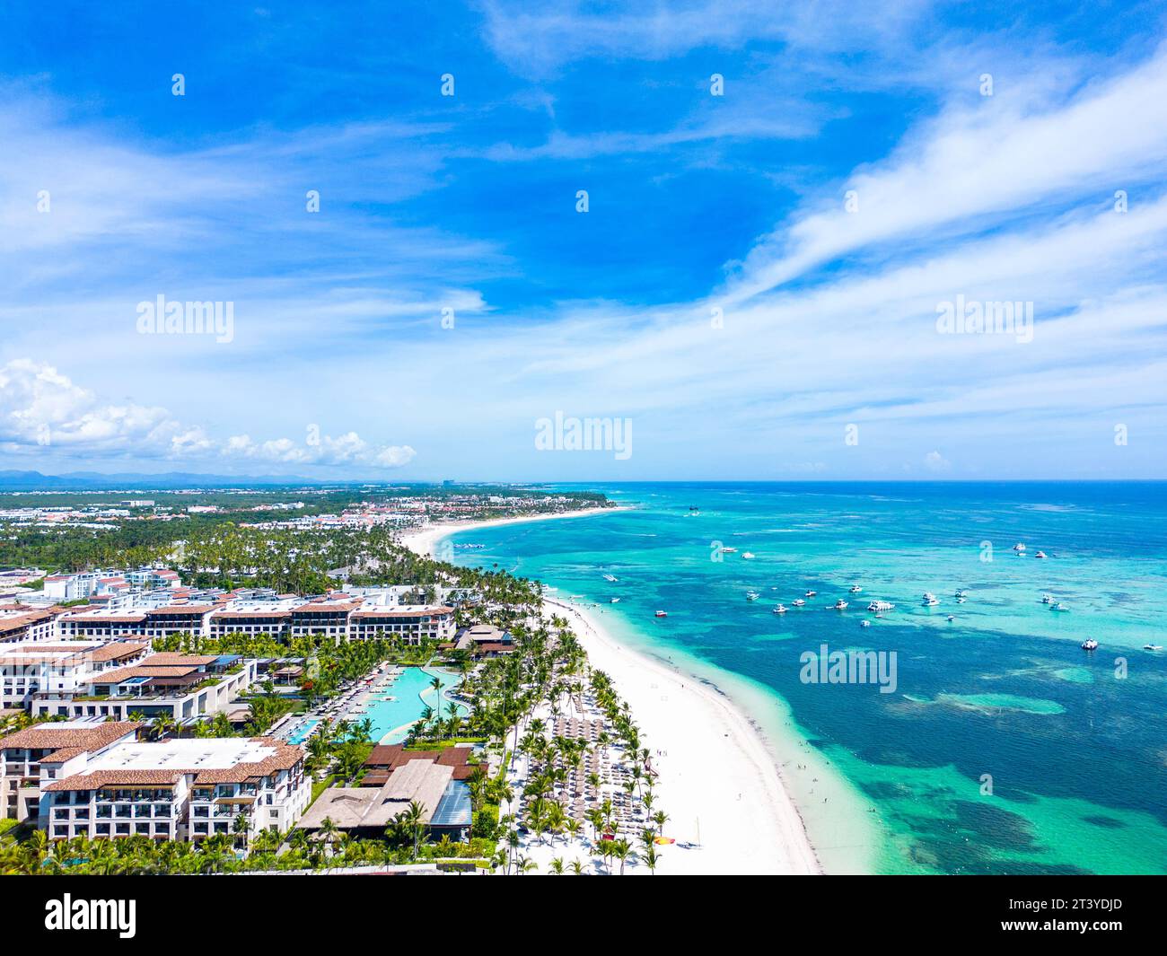 Aerial view of the Punta Cana beach with white sand and turquoise water