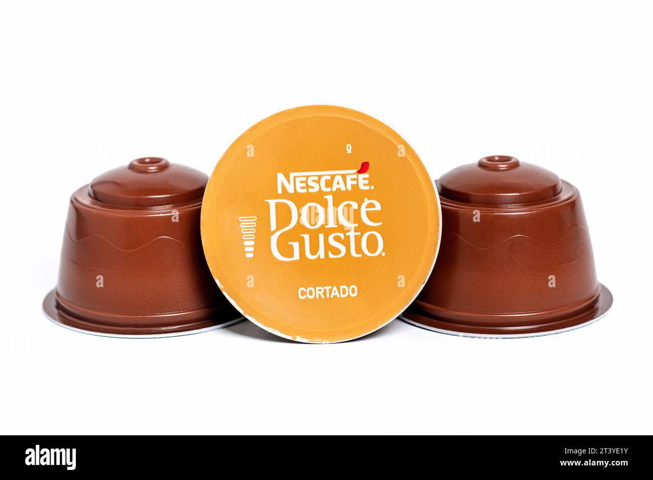 October 2023, Milan, Italy Set of Nescafe Dolce Gusto coffee capsules isolated on white