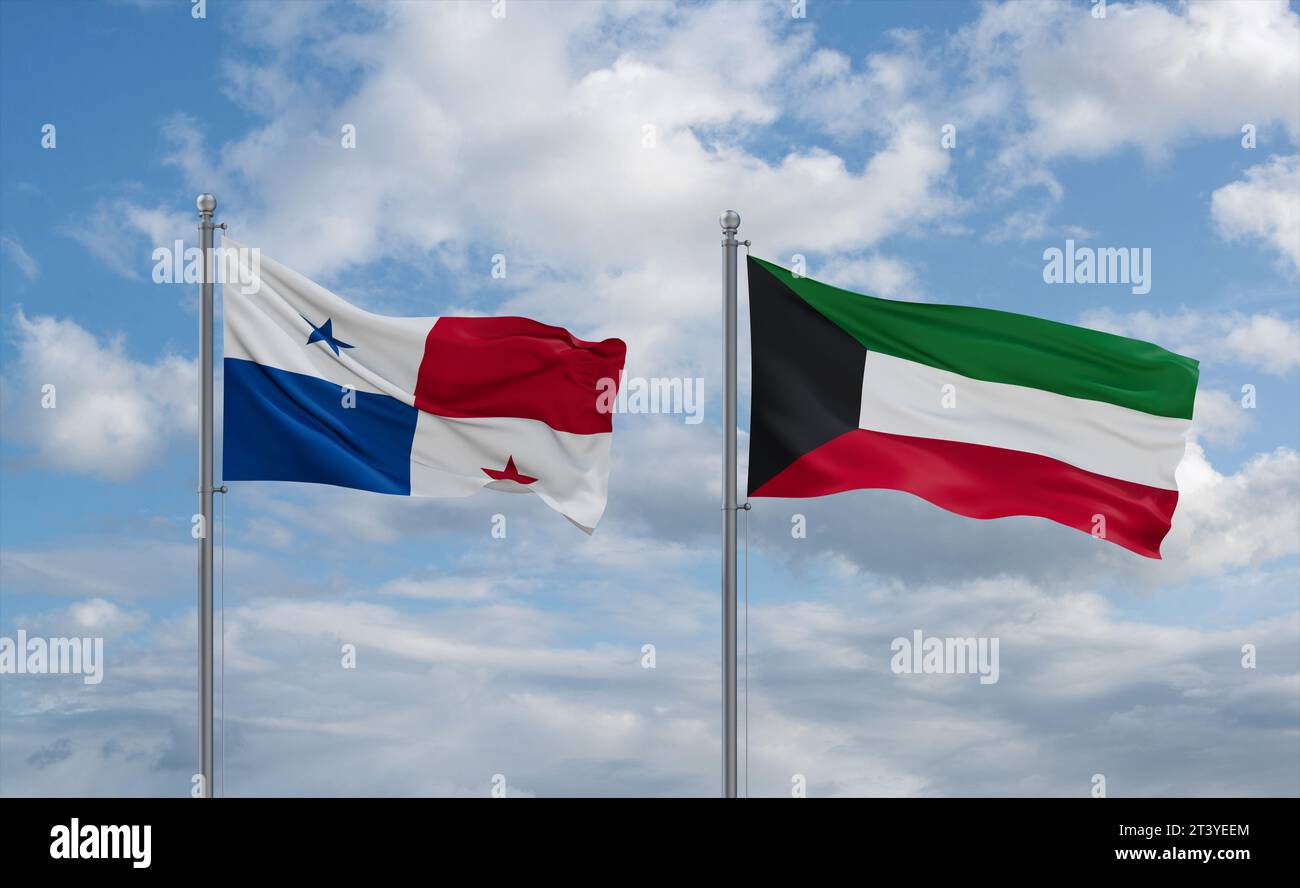 Kuwait and Panama flags waving together in the wind on blue cloudy sky ...