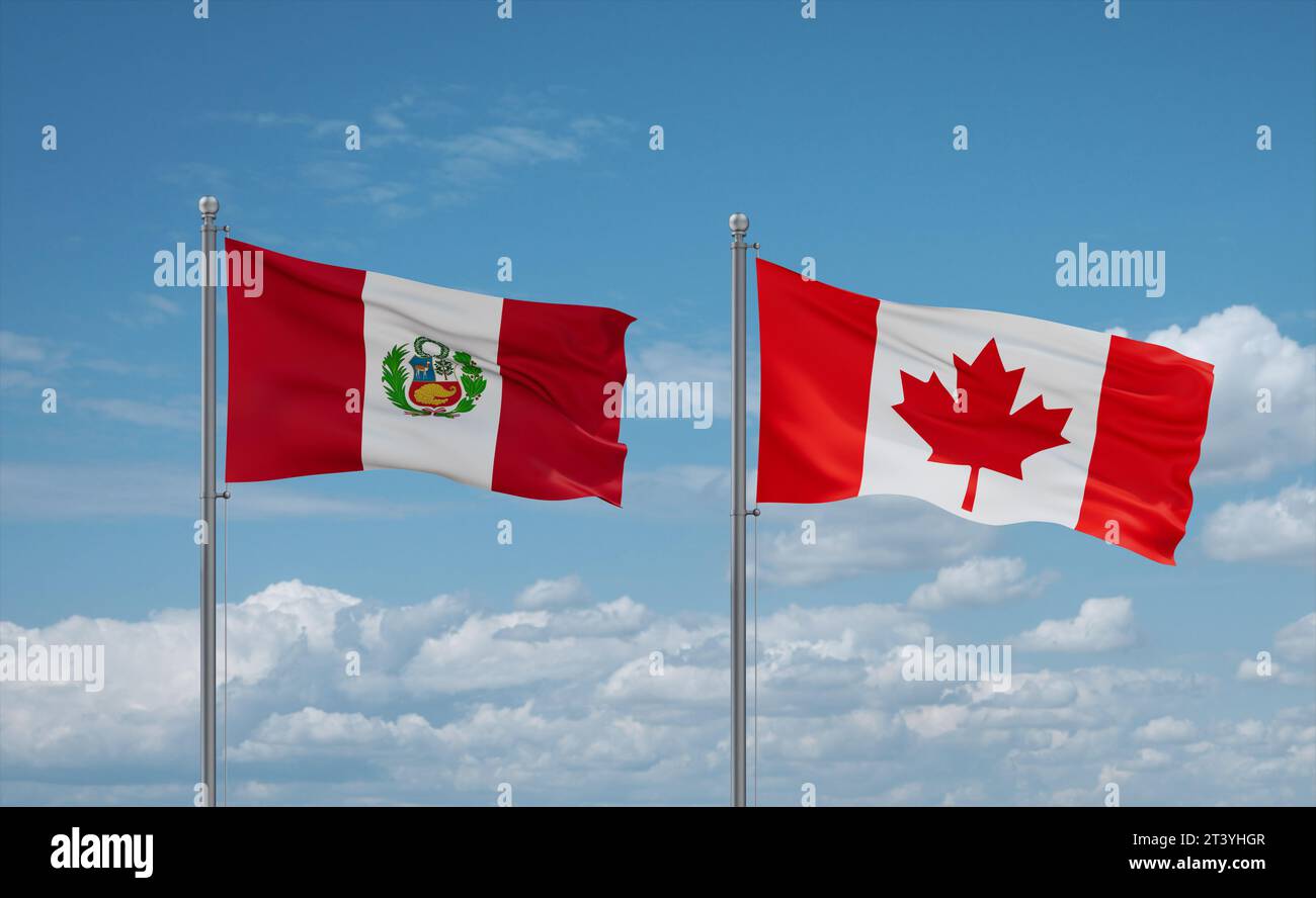 Canada and Peru flags waving together in the wind on blue cloudy sky ...