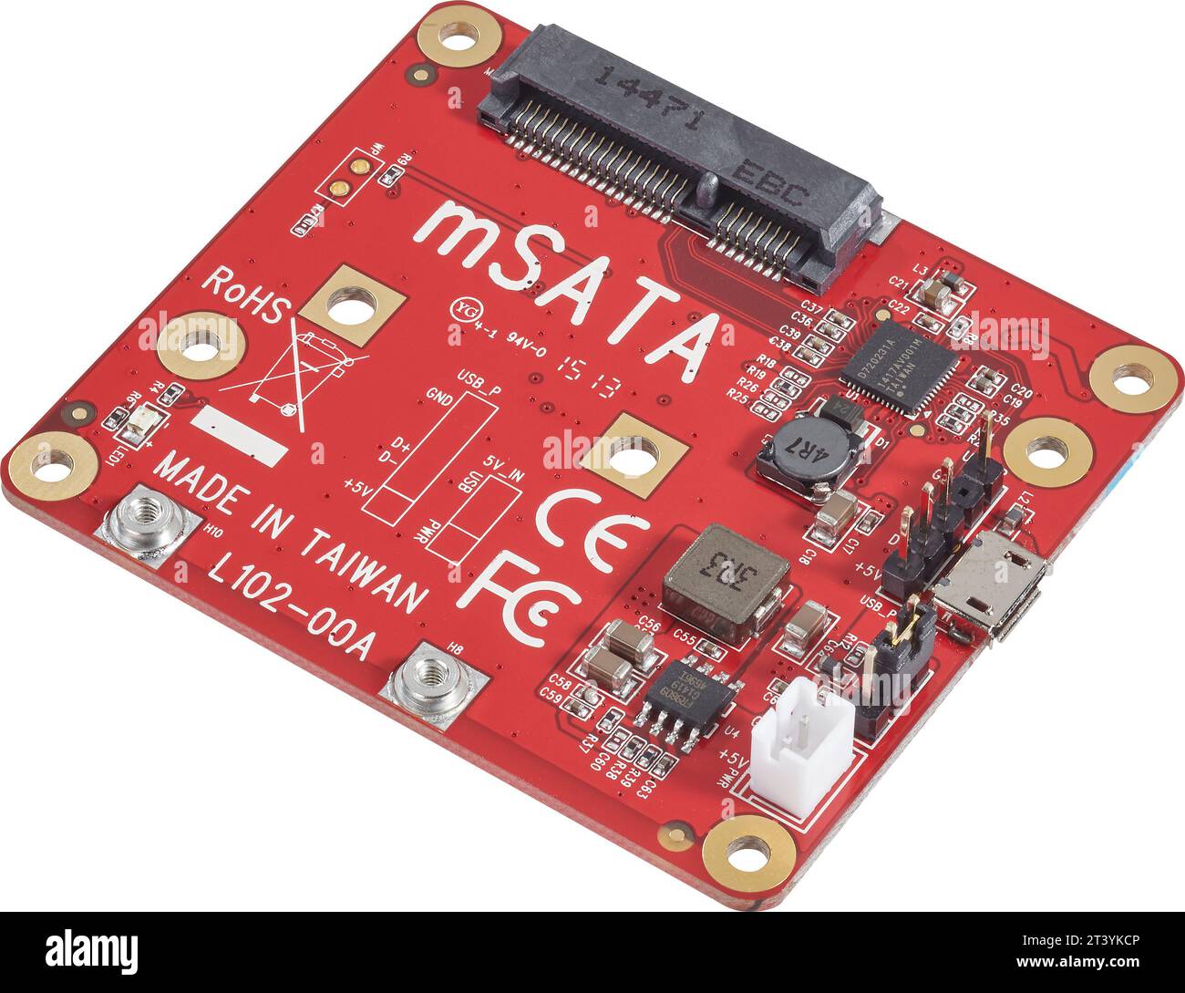 Circuit board with electronic components on white background stock