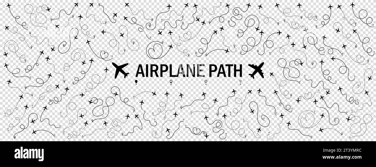 Airplane or aeroplane routes path big set. Travel concept from start point and dotted line tracing. Aircraft tracking, flight plane path, travel, map Stock Vector