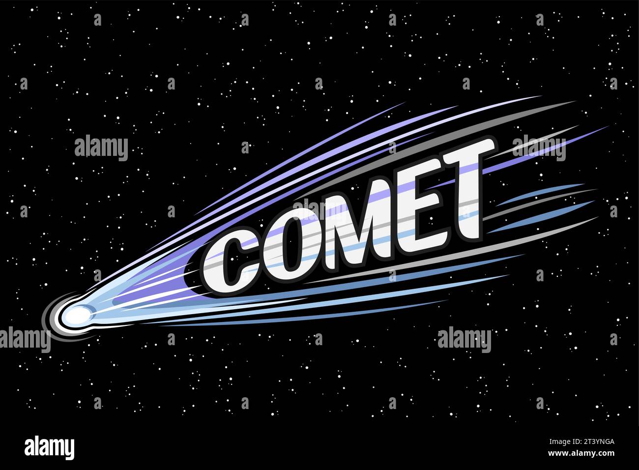 Vector illustration of Comet, horizontal astronomical poster with shooting purple ice comet, line art cosmo print with futuristic meteor in deep space Stock Vector