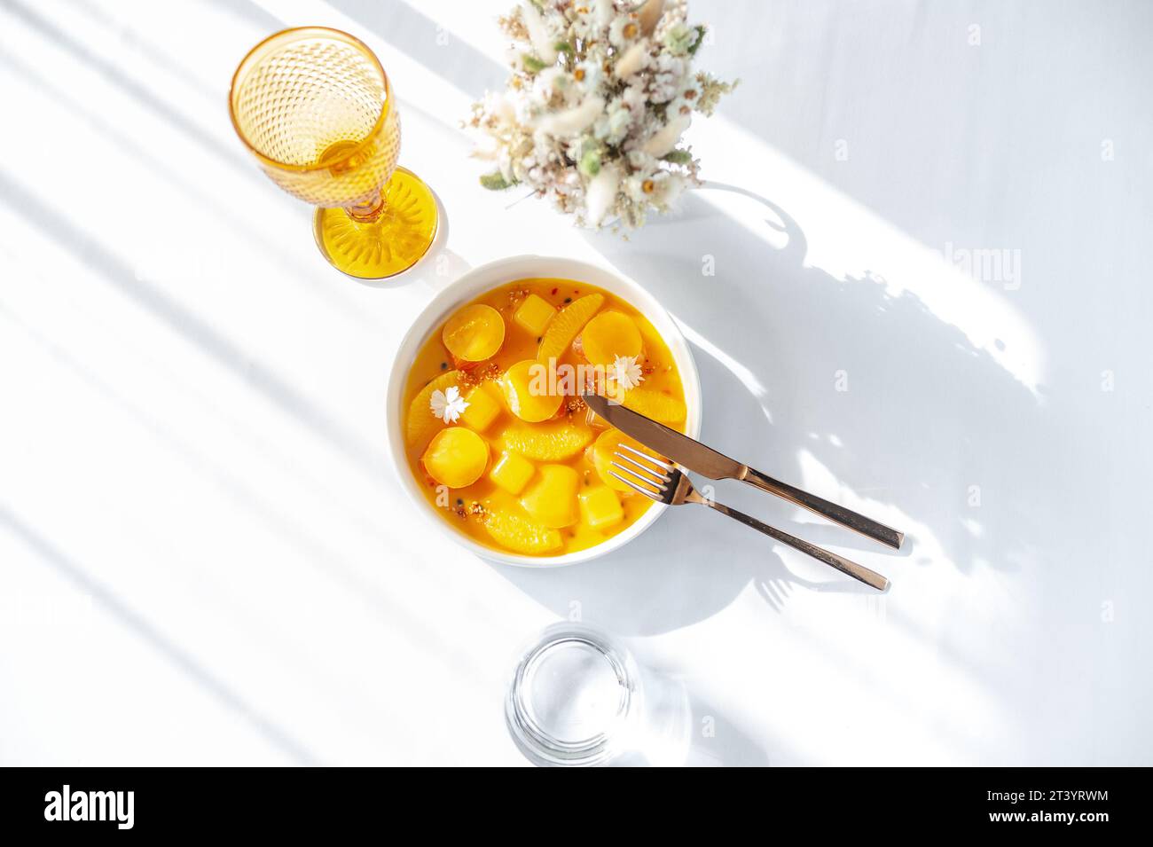 Salmon ceviche in jelly with orange and mango-passion fruit sauce Stock Photo