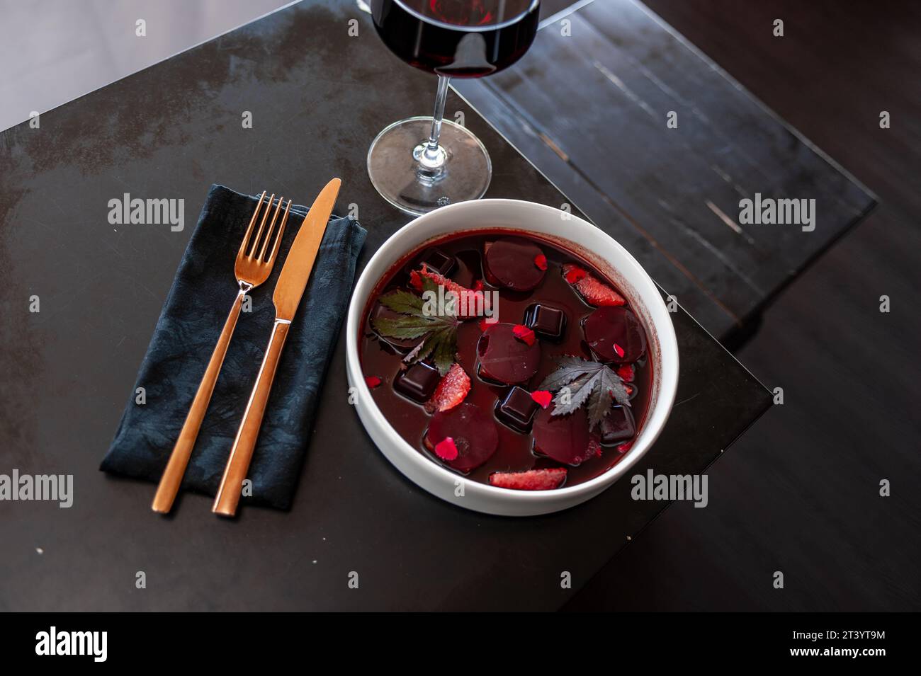 Tuna ceviche in mulled wine jelly with grapefruit Stock Photo