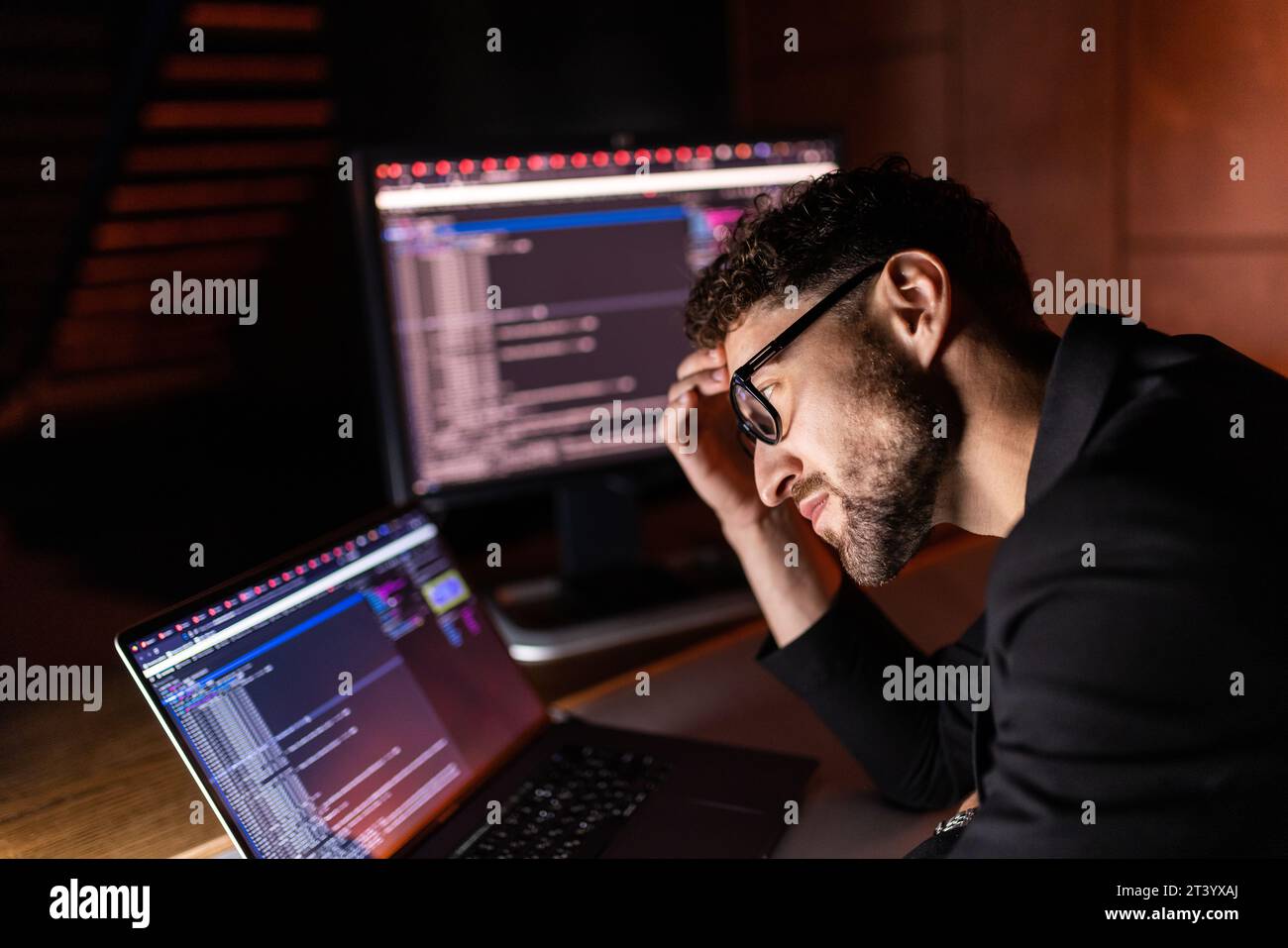 Laptop, screen and business man for coding, software development and ...