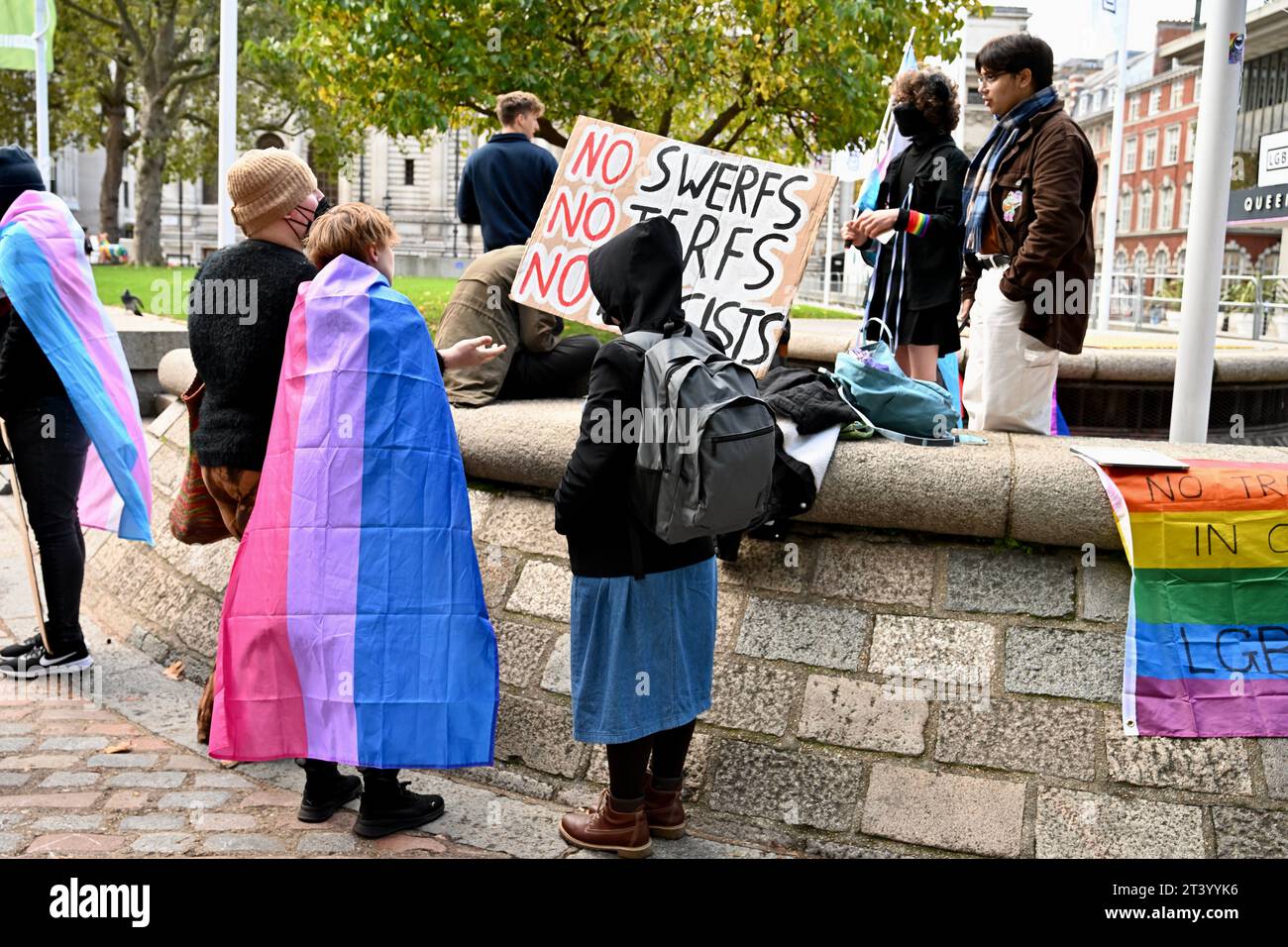 London, UK. 27/10/2023, Members of the trans community showed solidarity when demonstrating against the LGB Alliance at their conference which took place at the Queen Elizabeth II Conference Centre, Westminster. Credit: michael melia/Alamy Live News Stock Photo